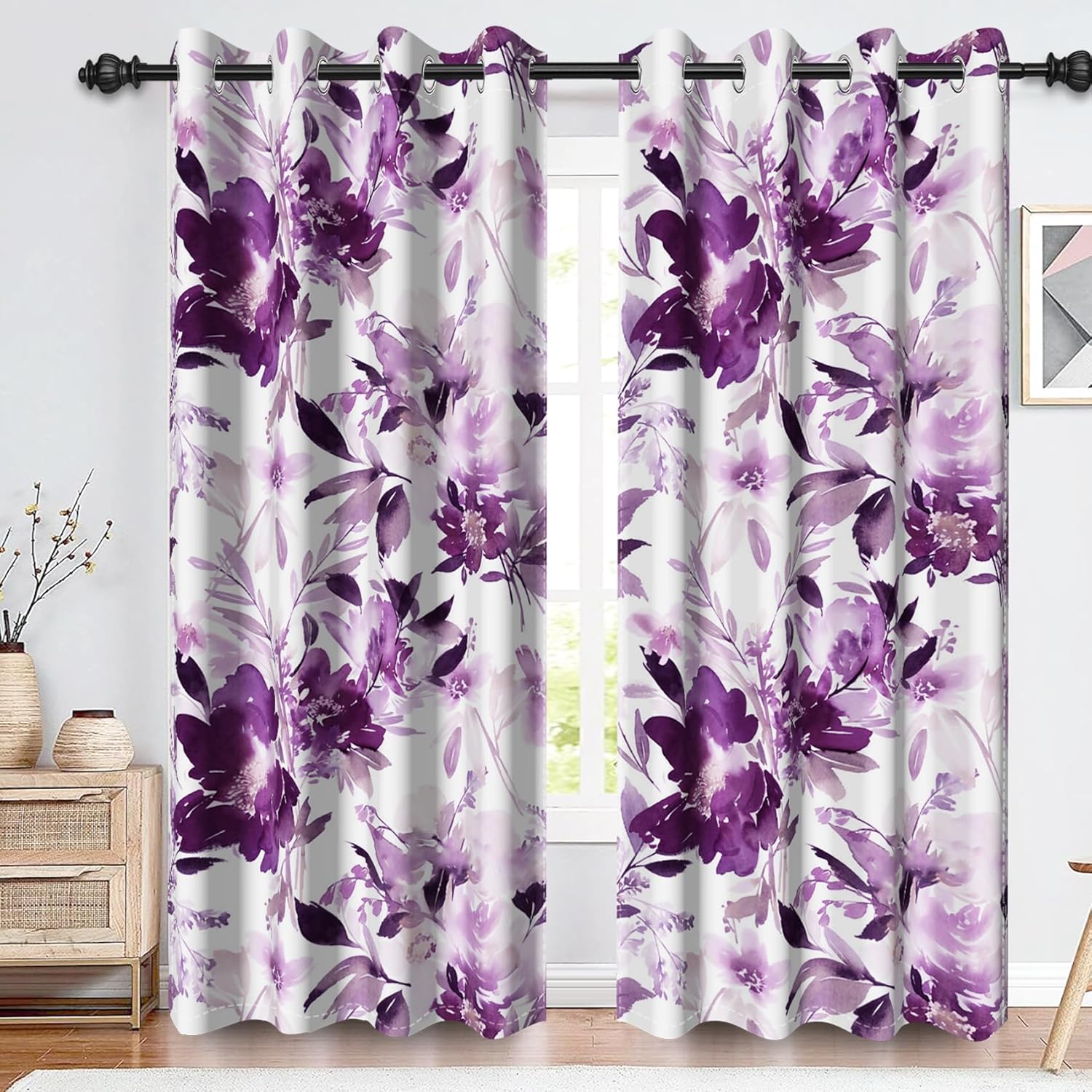 Renaiss Purples Floral Blackout Curtains for Bedroom Watercolor Flower Leaves Window Curtain Modern Abstract Ink Art Thermal Insulated Window Drapes for Living Room 2 Panels Set, 42x63 Inch Purples 42"W x 63"L (Pack of 2)