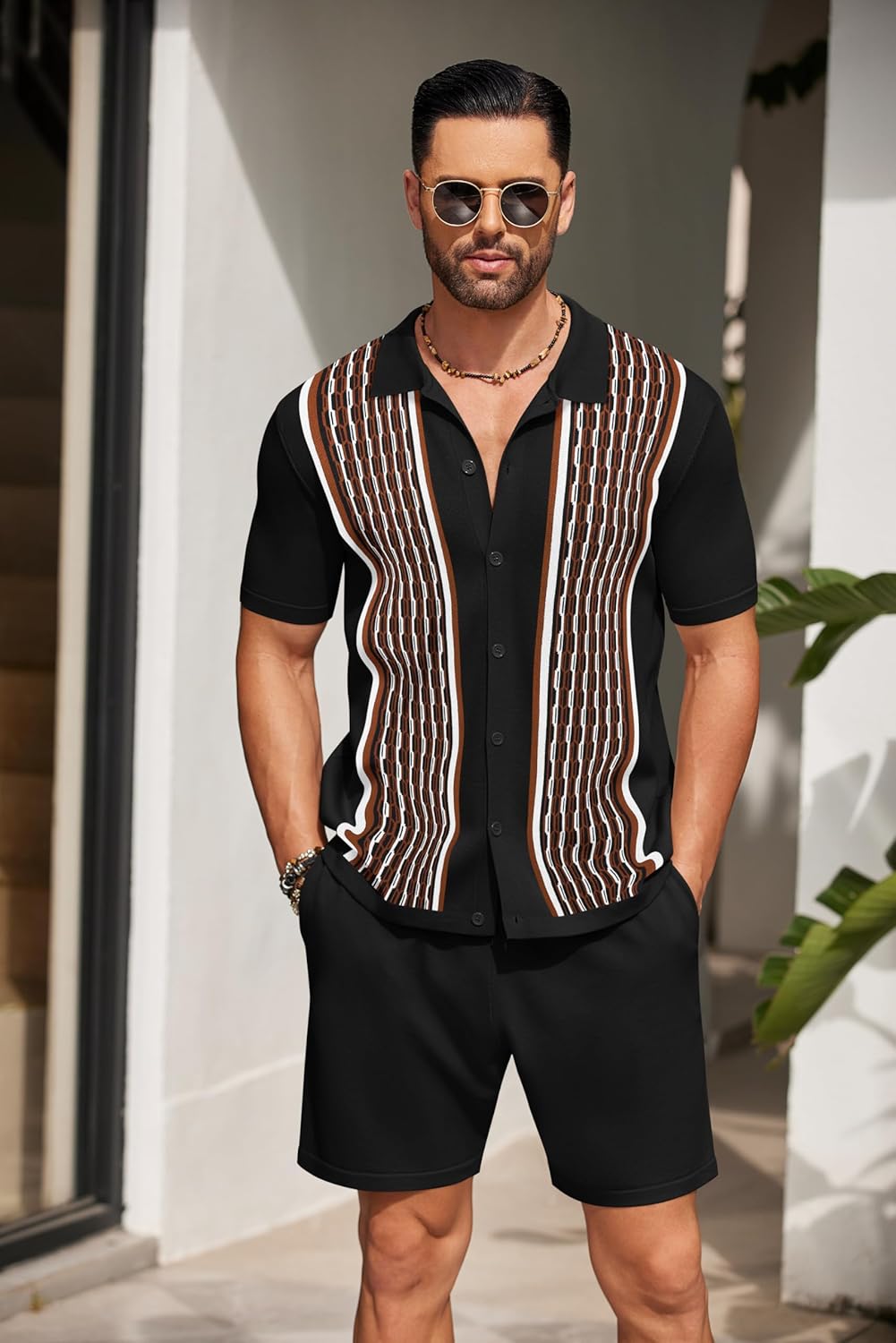 COOFANDY Men's 2 Piece Outfit Vintage Short Sleeve Button Down Knit Polo Shirts Casual Beach Shorts Sets - Image 2