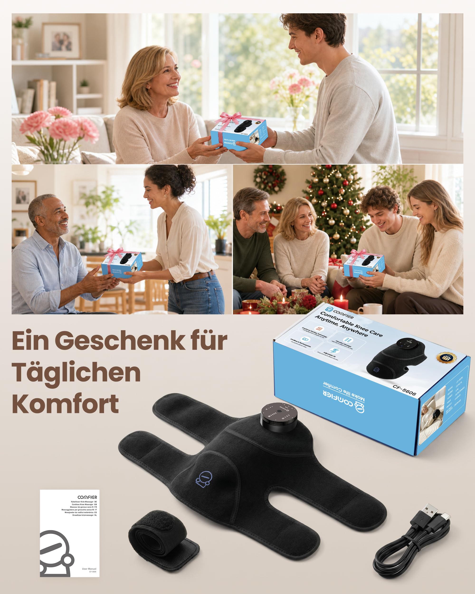 COMFIER 3-in-1 Kabelloses Knie-Massagegerät mit verbesserter Graphenheizung | 4 Vibrationsmodi & 3 Heizstufen, 2500mAh Akku, Für Knie, Ellenbogen & Schultern, Geschenk für Männer und Frauen