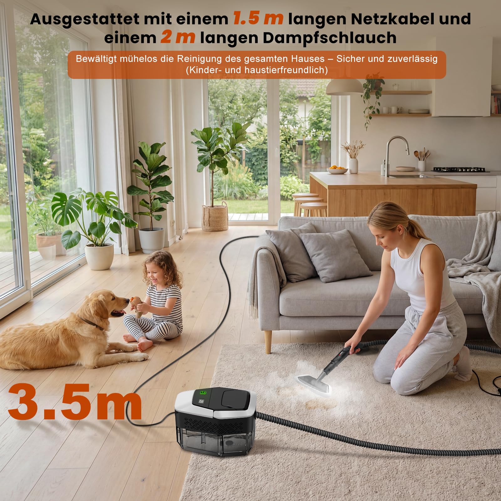 14 in 1 Dampfreiniger, 3 Stufig Einstellbarer Griff, Temperaturanzeige, 15 Sekunden Aufheizzeit, 1,8 L Wassertank, für Küche, Bad, Auto und Möbel (Schwarzweiß)