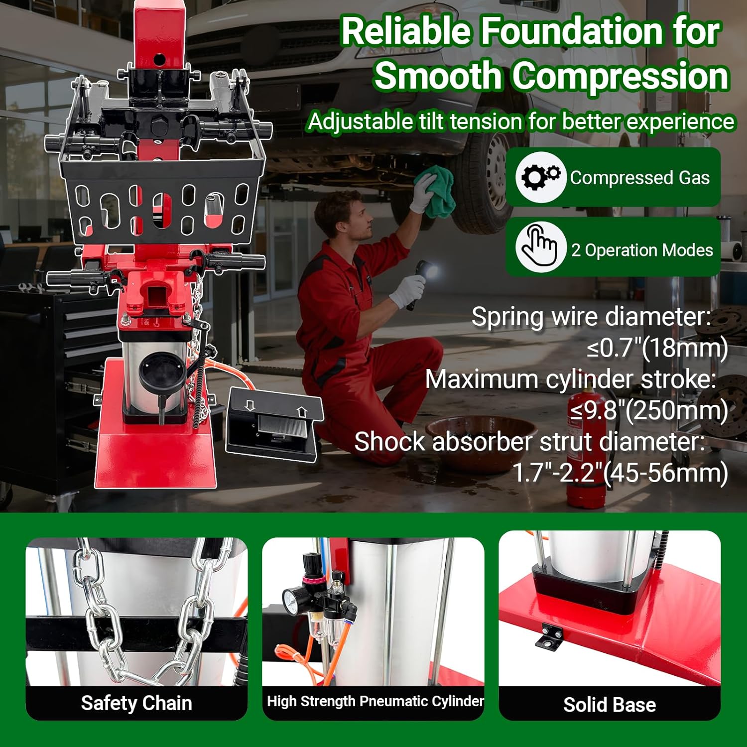 Pneumatic Strut Coil Spring Compressor 5511LBS Heavy Duty Air Operated Suspension Spring Remover Tool for Sedans, SUVs, Trucks 2 Operation Modes, Stable Locking & Safety Chain,Floor Mount
