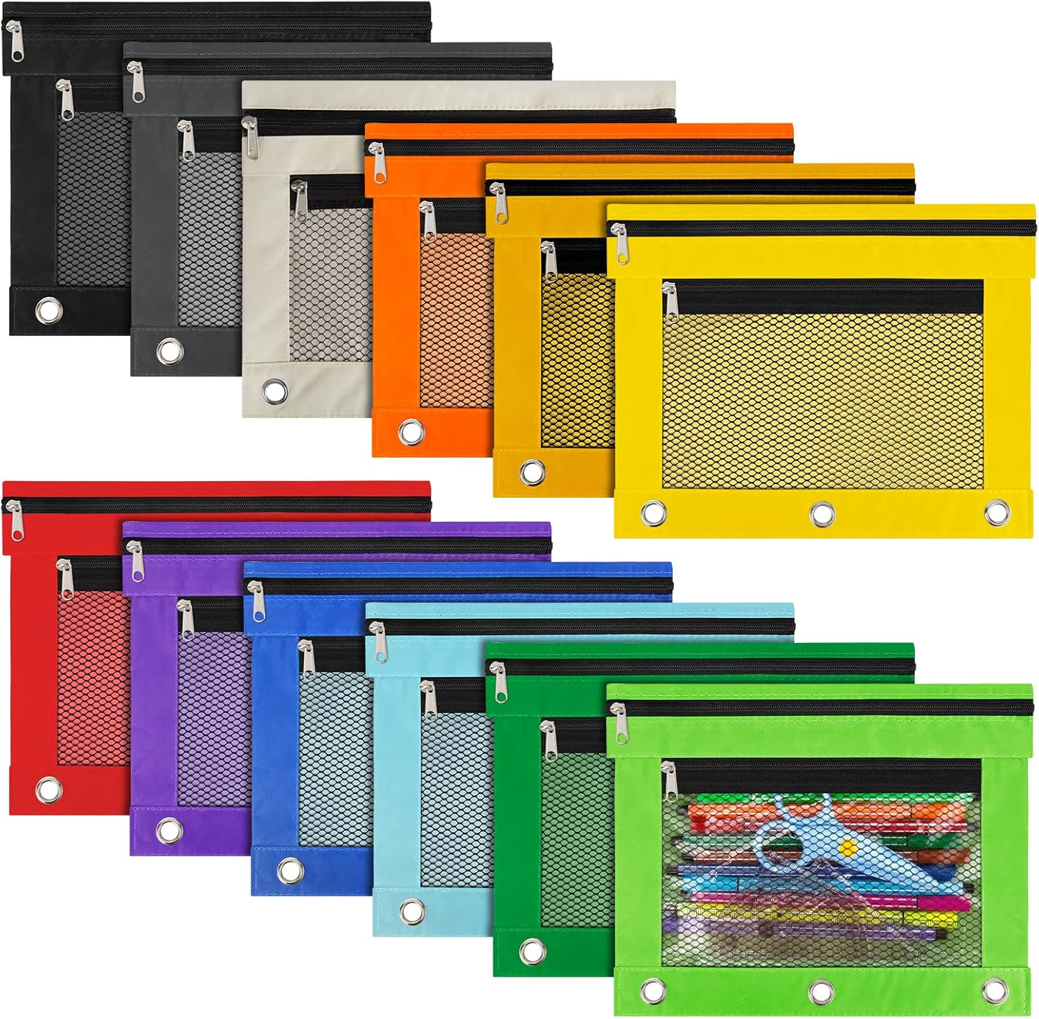 IKAYAS 12 Pack Pencil Pouches for 3 Ring Binders with Zipper - Colorful Bulk Binder Pencil Cases for School Supplies, Students & Teachers