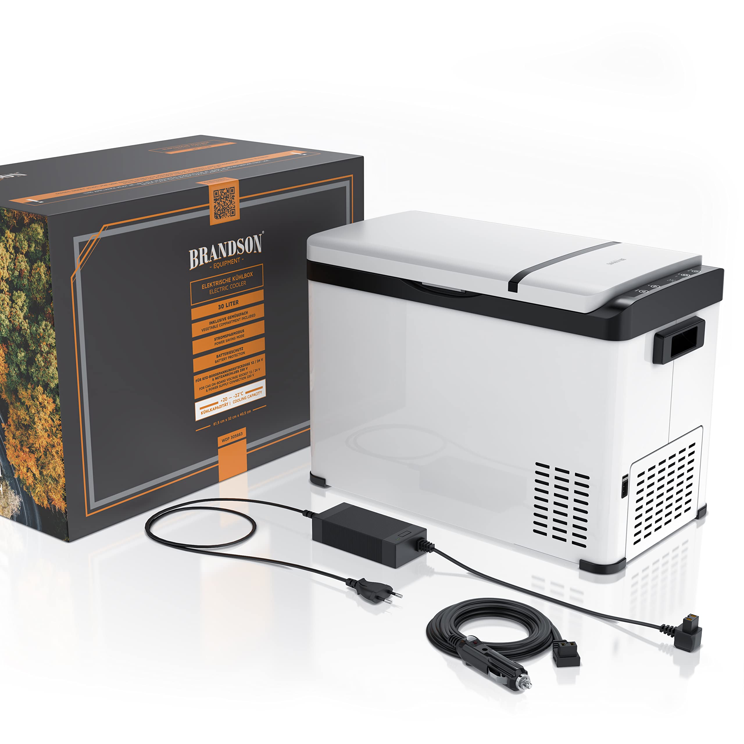 Brandson - ECO Kompressor Kühlbox XXL elektrisch - 30L Getränke Kühlschrank - Gefrierbox Kühlung bis – 22°C - Autokühlbox mit ECO Modus - 30 Liter 12V 24V KFZ – für LKW Auto Camping Boot – Weiß