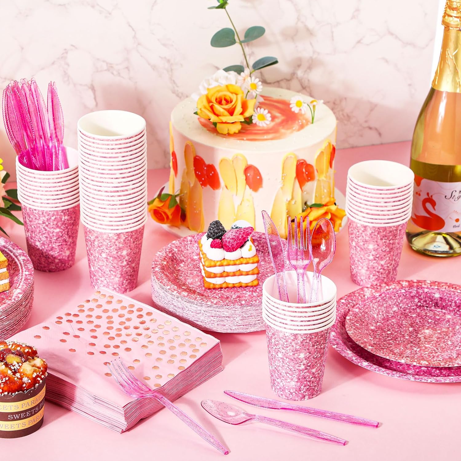 Hushee 350 Pcs Pink Holographic Print Party Supplies Guests Disposable Dinnerware Set Include Paper Plates, Napkins, Cups, Plastic Cutlery for Wedding Birthday Disco Bachelorette