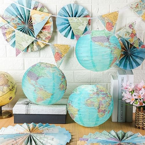Miniatura 2 de 19 piezas de mapa del mundo para decoración de aula, globos de decoración de fiesta temática de viaje, faroles de papel colgantes, banderas
