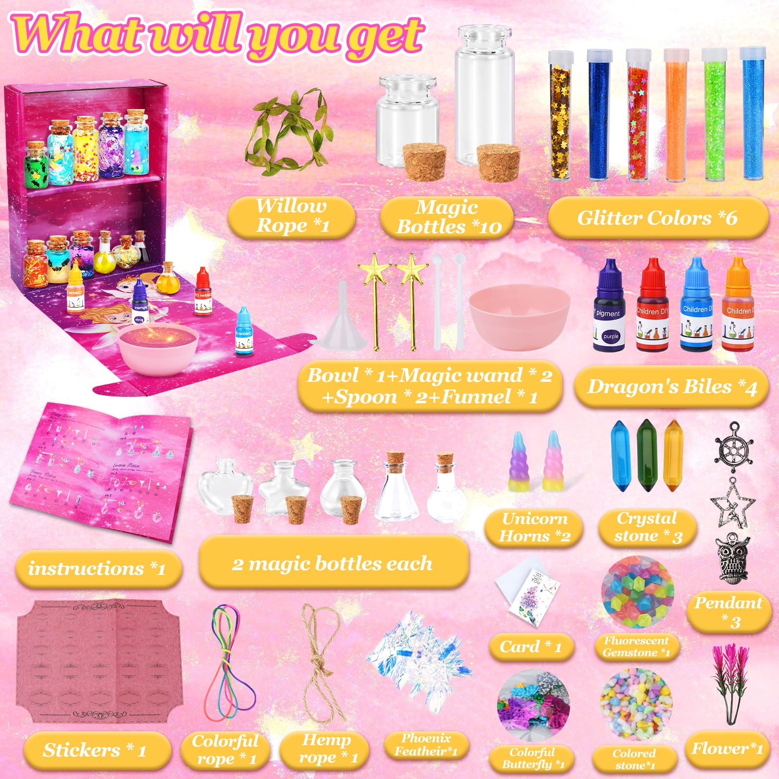 Kit Potion Magique TOSUTO – 20 Bouteilles + Accessoires – Chaudron, Baguette, Cristaux – Dès 6 Ans