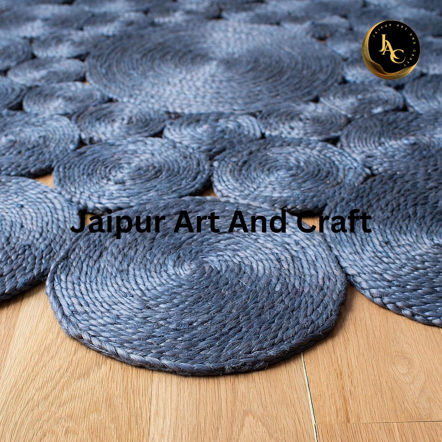 Runder Blauer natürlicher Jute-Teppich, handgefertigter Vintage-Bodenteppich aus Naturfasern– (7x7 Quadratfuß)