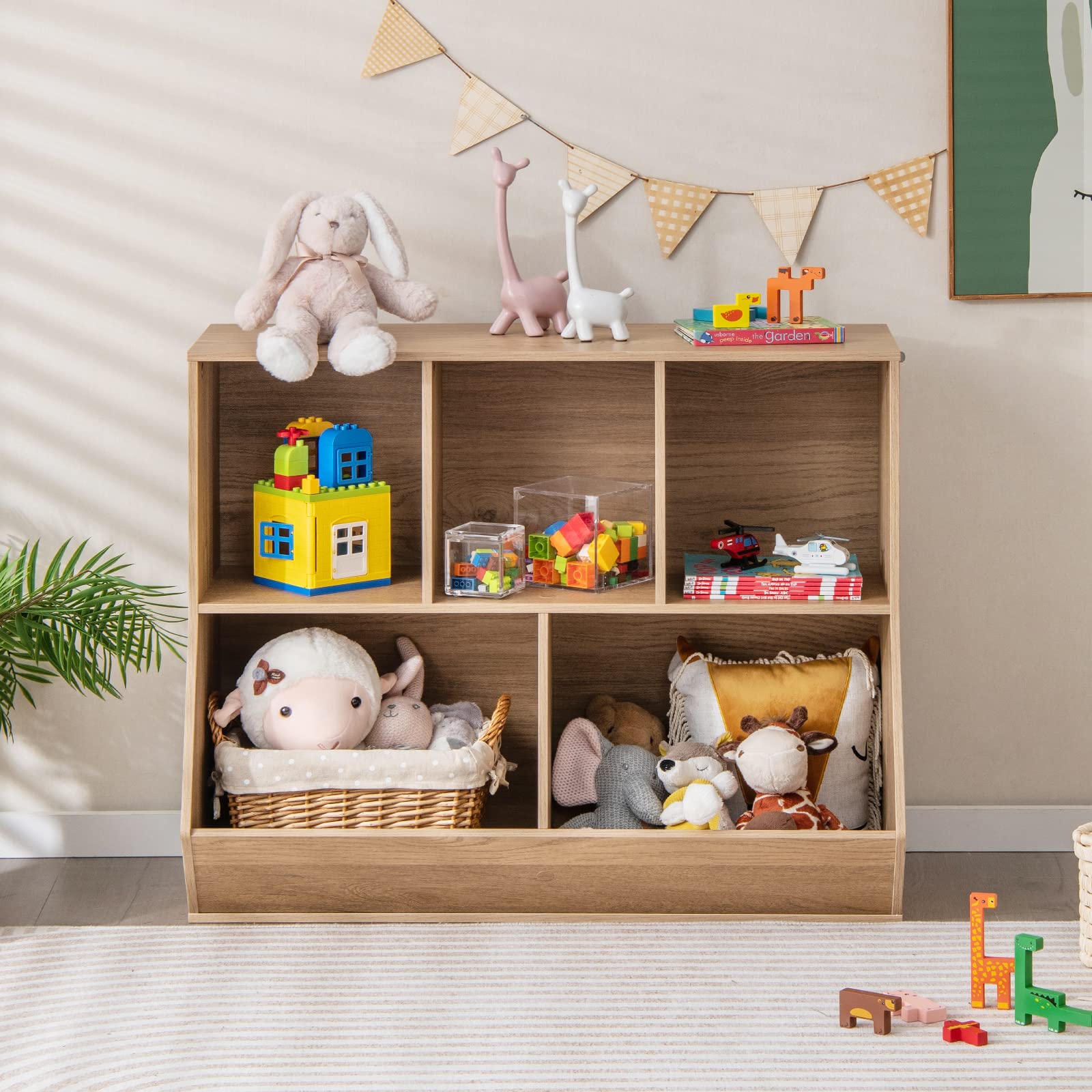 COSTWAY JZ10144DE Boekenkast voor kinderen kinderrek van hout met 5 kubusvakken en kantelbeveiliging 2-laags speelgoedrek opbergkast voor kinderkamer speelkamer en slaapkamer (natuur