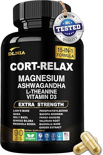 DLNIA Suplemento de cortisol súper tranquilo con glicinato de magnesio, Ashwagandha - 90 unidades