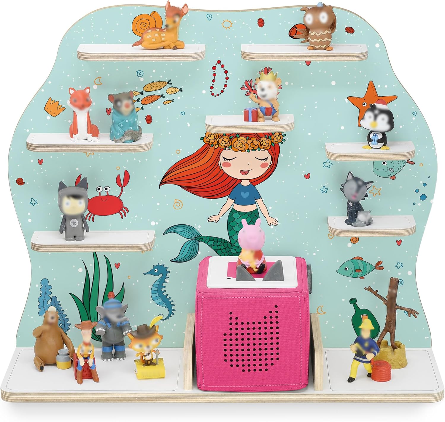stadtecken Wooden Shelf for Music Box I Suitable for The Toniebox and ca. 50 Tonies I Perfect Storage in The Children's Room I for Setting up or Hanging (Large, Mermaid)
