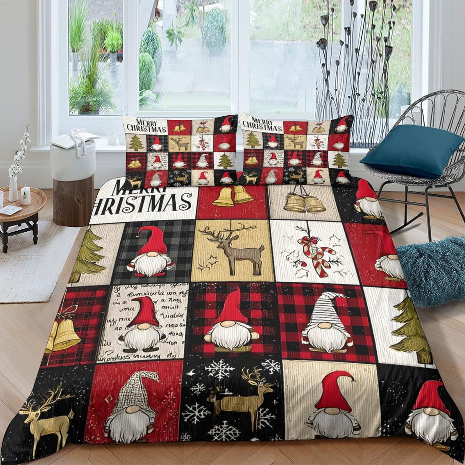 Ctjqhvkz Style-8 3D Printed Christmas Gnome Fitted Sheet Microfiber Red Plaid Reindeer Bed Cover For Bedroom Guest Room Decor Single（135X200cm）
