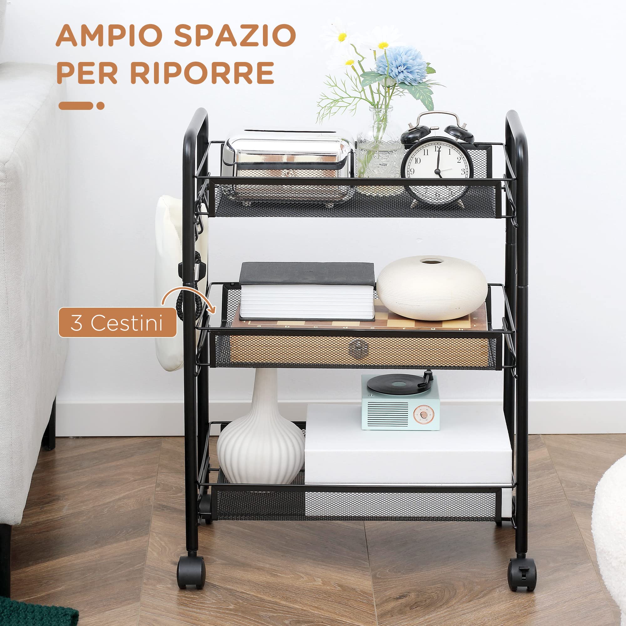 HOMCOM Carrello da Cucina a 3 Livelli con Cesti Removibili e 4 Ruote, in Acciaio e Plastica PP, 45Lx26.5x63cm, Nero