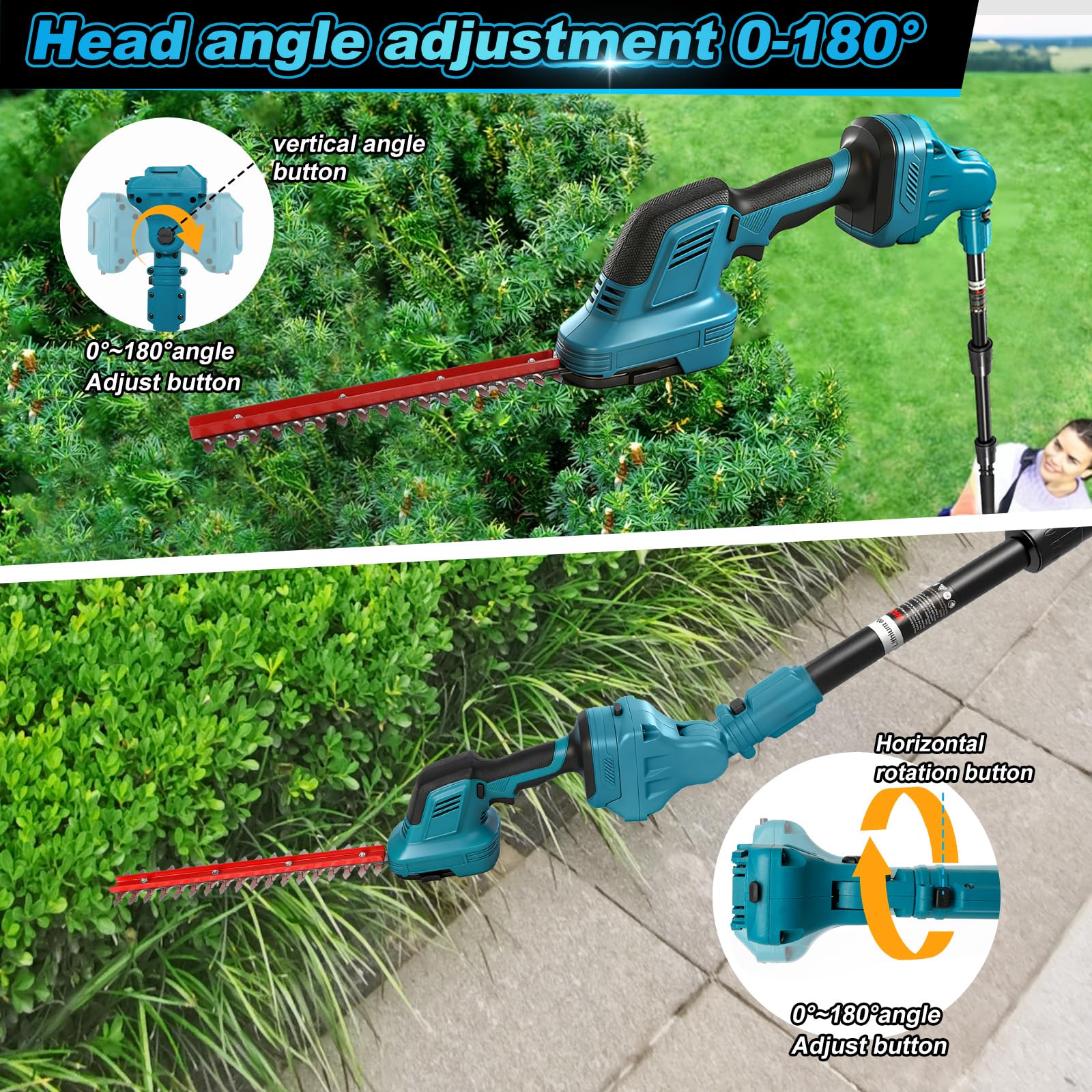 Cortasetos y podadora eléctrica con batería 5 en 1 con mango extensible, compatible con Makita 18 V, longitud ajustable de 100 a 200 cm y cabezal giratorio de 0 a 180°, cortador de setos eléctrico