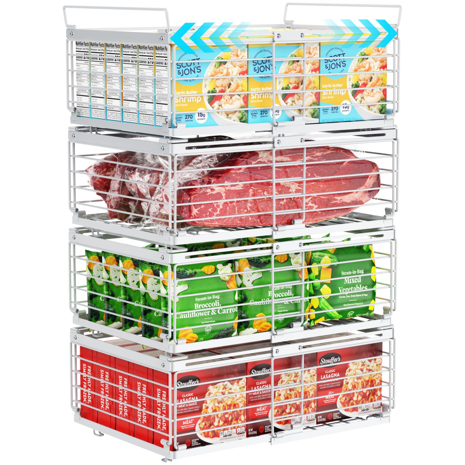 iSPECLE Chest Freezer Baskets, for 283L-566L Chest Freezer, 4 Pack Heavy-Duty Stackable Freezer Organiser to Double Your Storage Space, Robust Metal Sorting System for Bulk Food, White