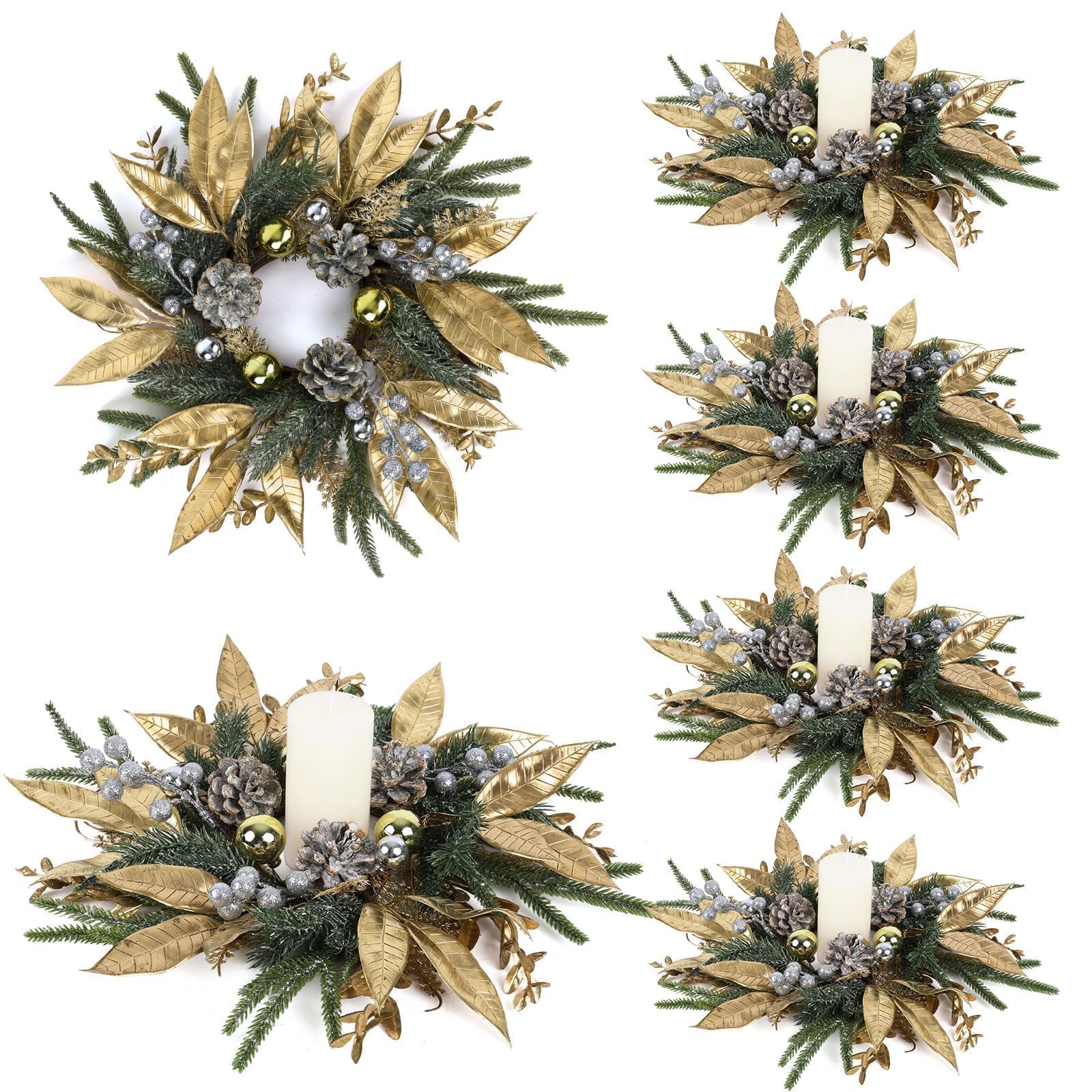 6 Pcs Christmas Candle Rings Wreaths Artificial Pine Wreaths with Christmas Balls Golden Twigs and Silver Berries Candle Ring Holder for Xmas Winter Indoor Centerpiece Table Decorations