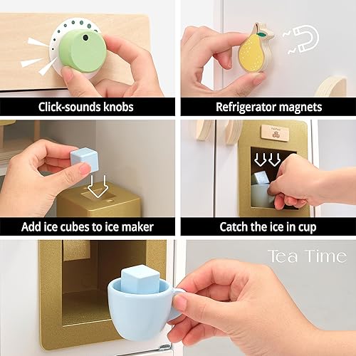 Vista 10 de Cocina de juego de madera para niños, juguetes de madera de altura ajustable, juego de cocina para niños, juguetes diseñados por Mordern, regalo