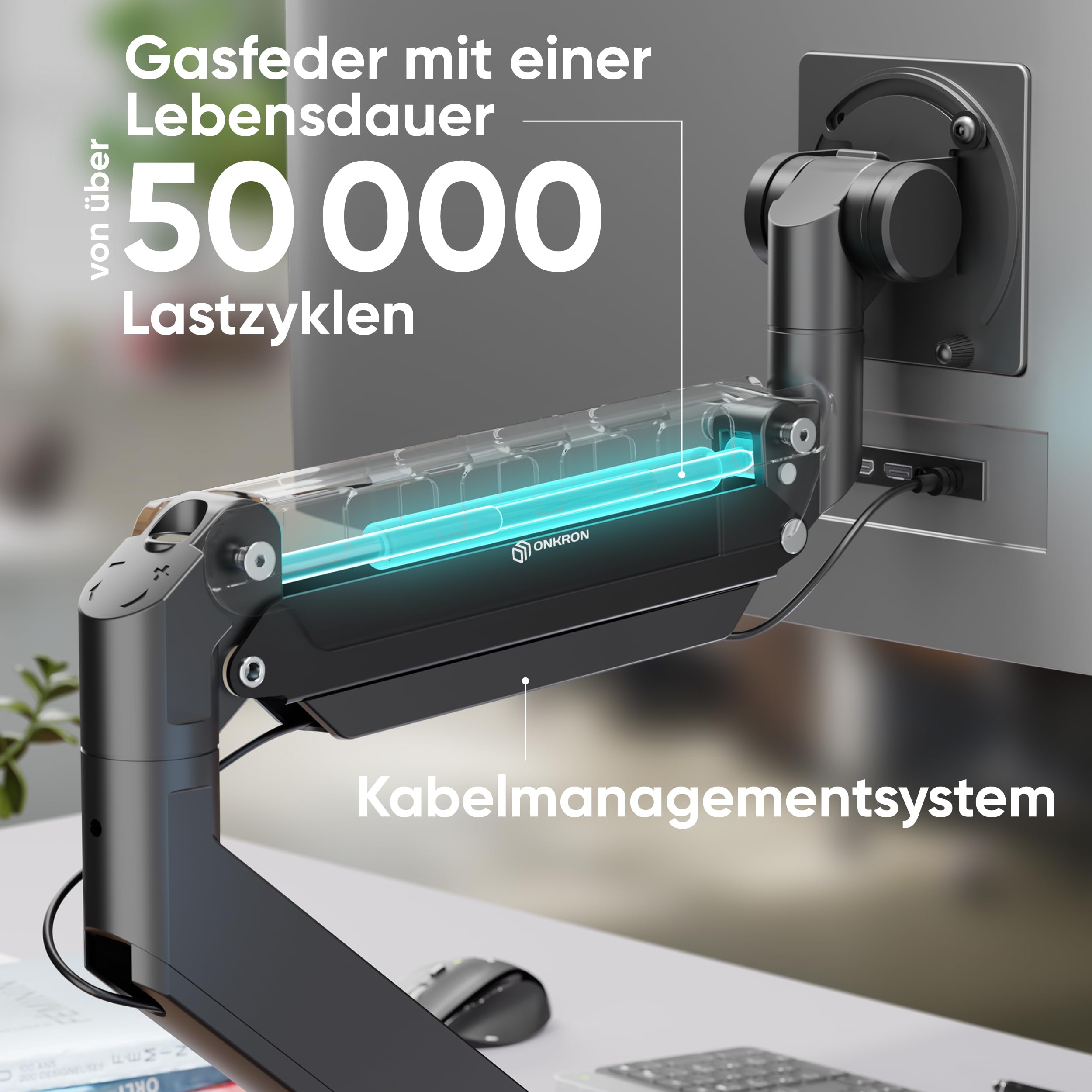 ONKRON Monitor Halterung 17-57 Zoll, bis 27 kg, max VESA 200x200, G130-B | Ultrawide Monitorarm bis 58,5 cm ausziehbar, Gasdruckfeder, schwenkbar, drehbar, Klemm-/Bohrmontage; für Büro & Gaming