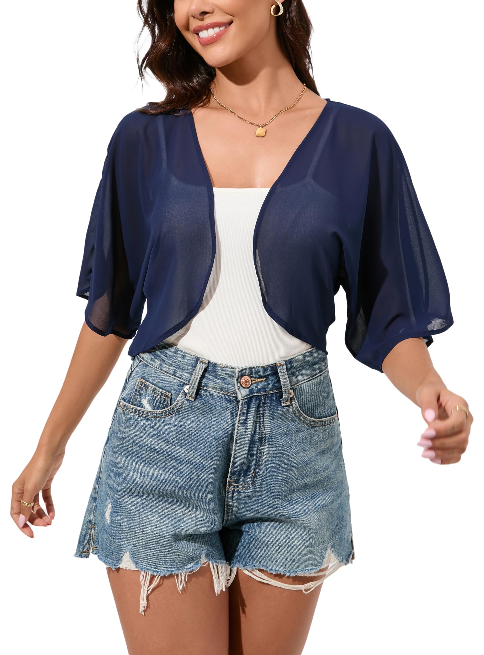 Damen Bolero Chiffon Elegant Bolerojacke Leicht Luftig Jäckchen 3/4 Ärmel Dünne Schulterjacke zum Kleid Top