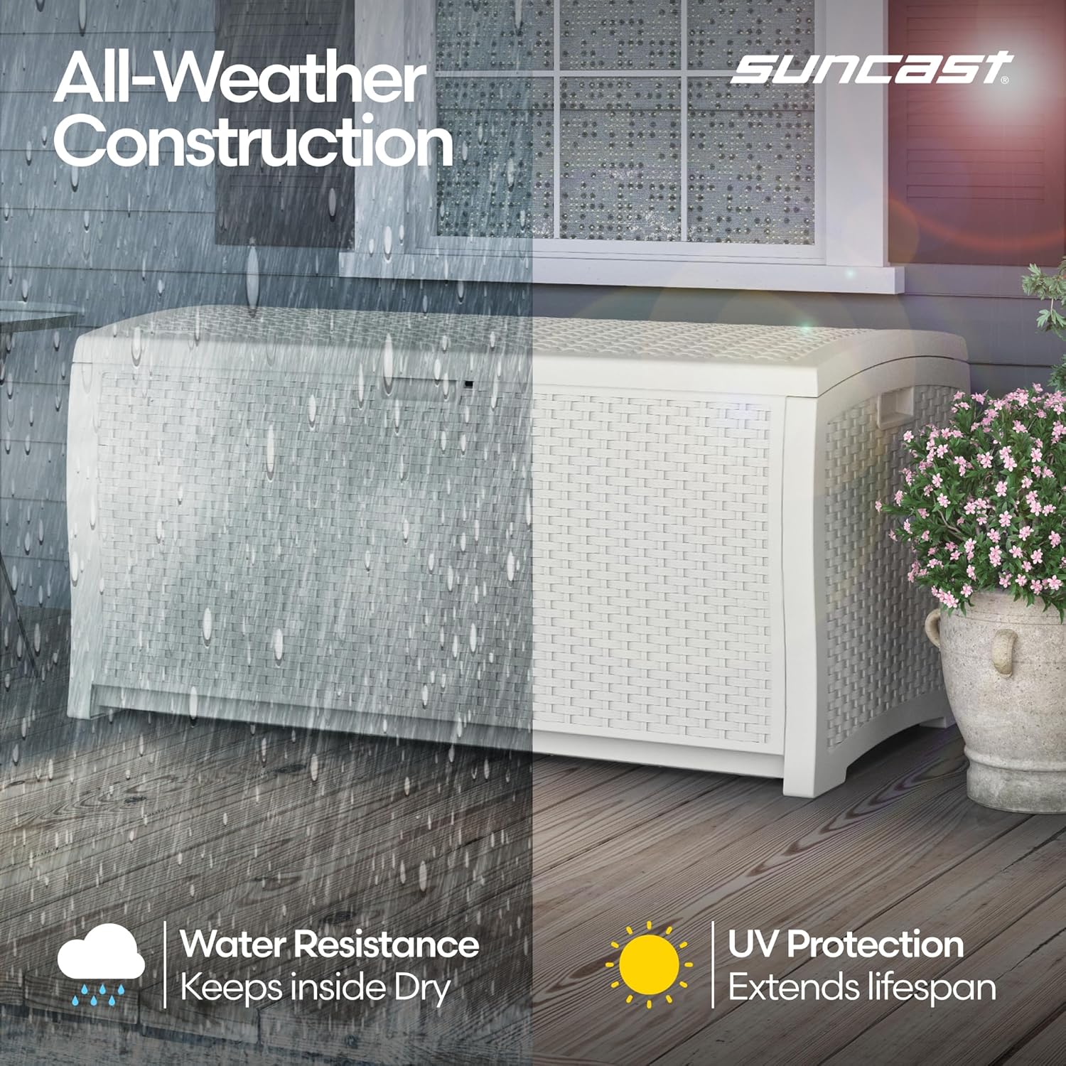 Suncast 99 Gallon Wicker Horizontal Outdoor Deck Box with Hinged Lid, Water-Resistant Storage Solution for Patio, Deck, Yard, and Garage, White, Made in the USA - Image 7