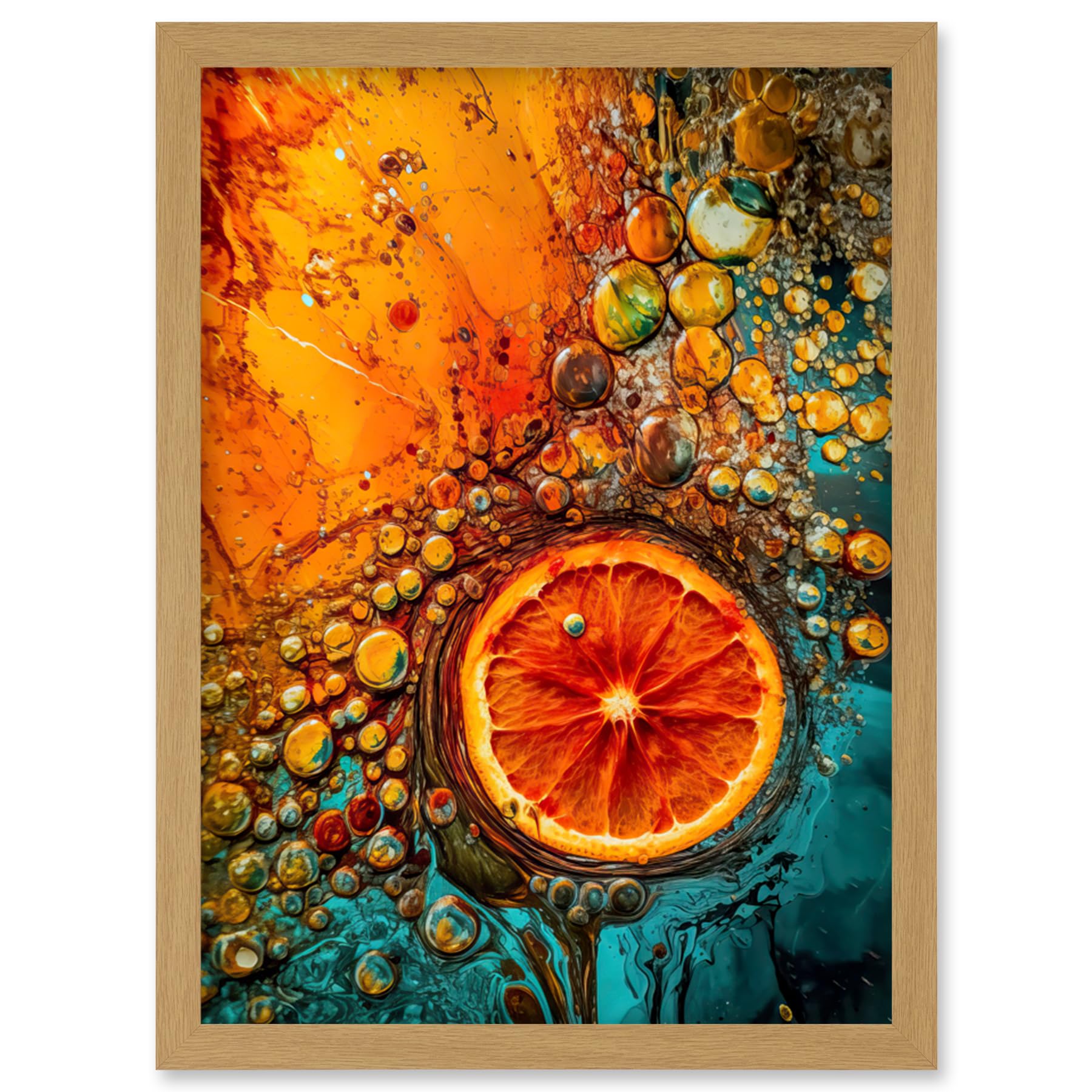 Artery8 Abstract Liquid Paint Dried Orange Fruit Slice Artwork Framed Wall Art Print A4