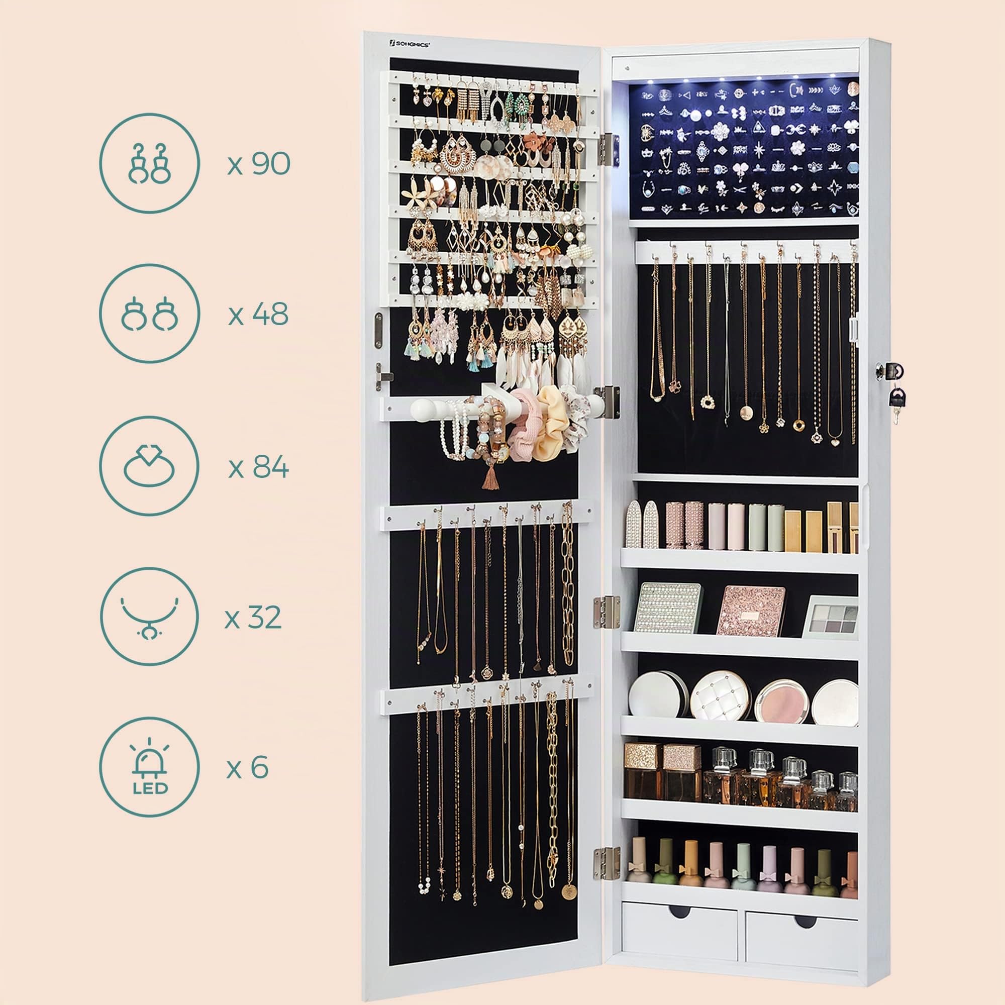 SONGMICS Schmuckschrank hängend, Wandspiegel, 6 LED-Glühbirnen, abschließbarer Spiegelschrank, Wandschrank, Wandmontage, an der Tür hängend, weihnachten, weiß mit Holzmaserung JBC93W