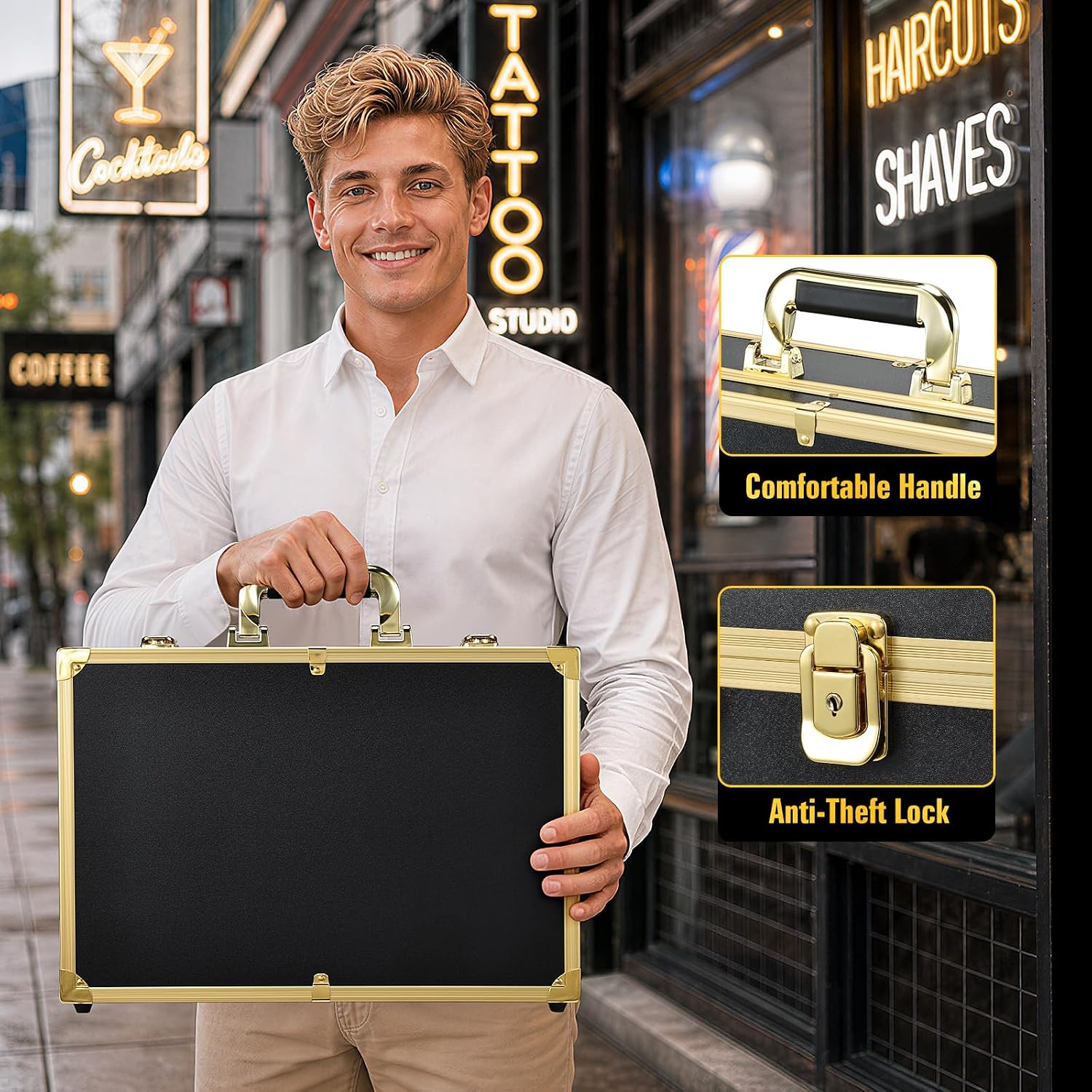 Barber Accessory Case with Mirror Barbers Briefcase Tool Case | Barber Cases for Clippers and Supplies, Hair Scissors Trimmer Organizer, Salon Grooming Hard Travel Suitcase, Gold