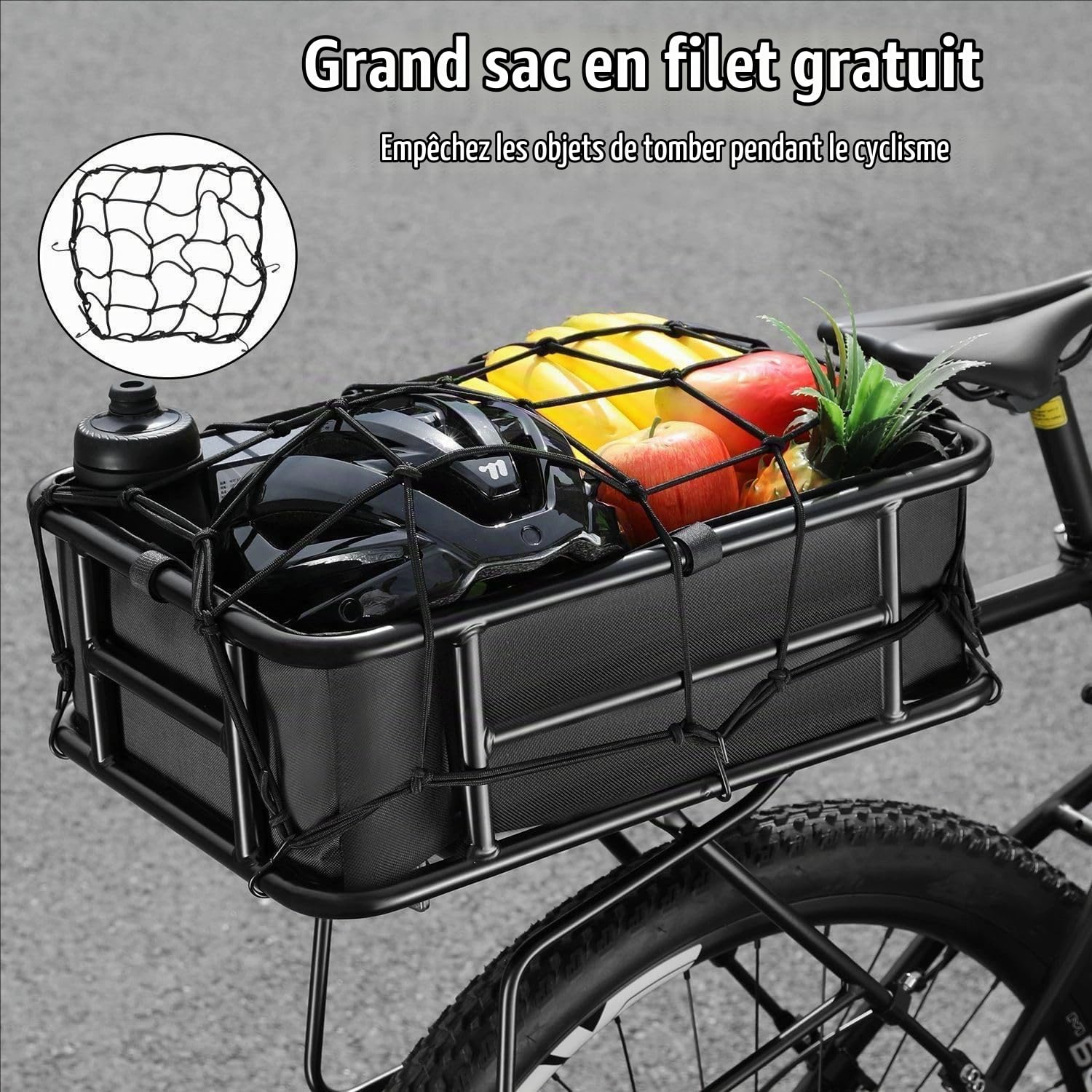 Panier Velo Arriere,Panier De Rangement Arrière pour Vélo Grande Capacité Et Étanche,avec Filet De Transport Et Doublure Épaisse,pour Transporter De La Nourriture,des Courses,des Balles,Un Chien,Etc.
