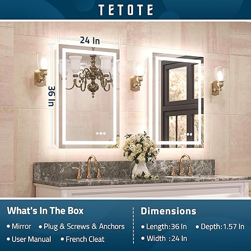 Miniatura 7 de TETOTE Espejo de baño LED con luces delanteras y retroiluminadas de 24 x 36 pulgadas, espejo de tocador antiniebla, sin escalones, regulable, 3