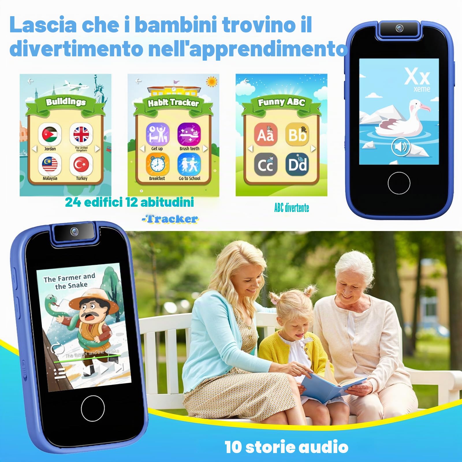 PTHTECHUS Telefono per Bambini, Fotocamera per ragazze, ragazzi Touch screen MP3 con fotocamera a flip, habit tracker, giochi, apprendimento educativo, regalo di compleanno per 3-12 (Blu)