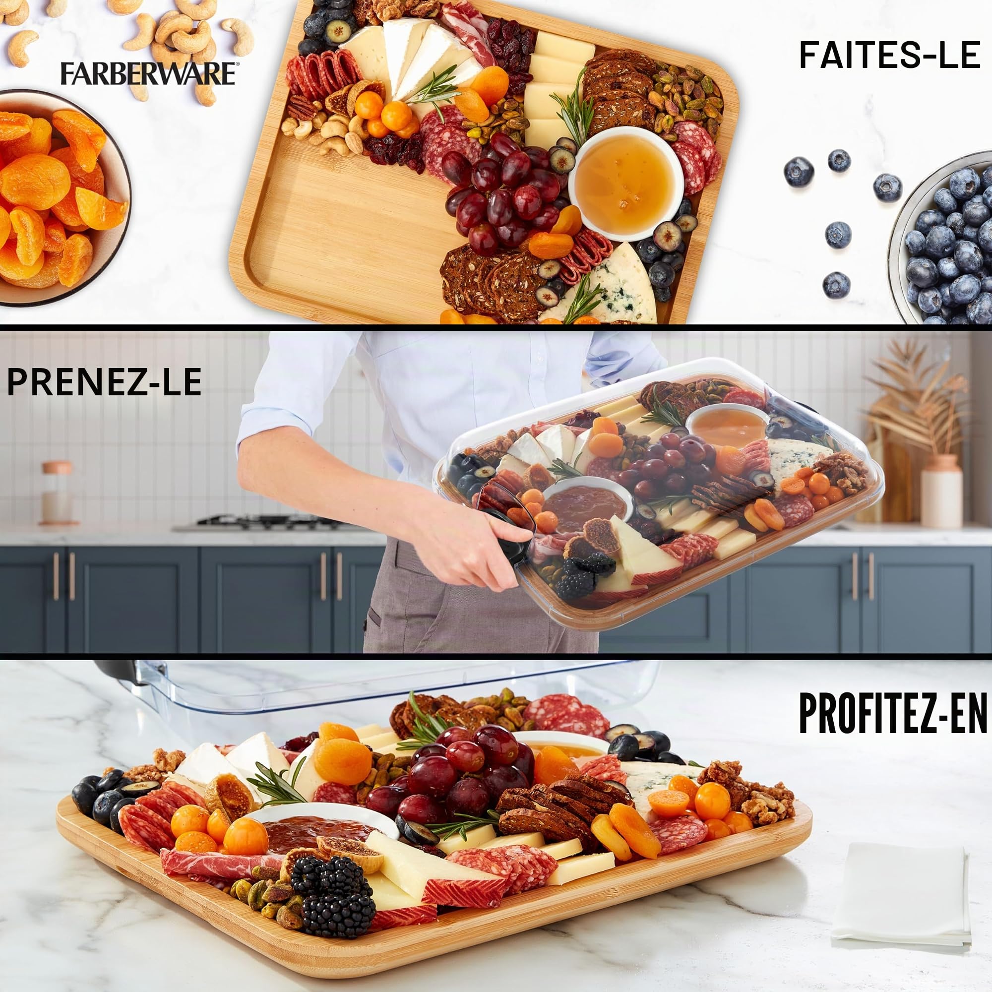 Farberware Build-A-Board Planche à découper en bambou avec couvercle verrouillable transparent et poignées noires, parfaite pour les charcuteries, les collations et plus encore. Prenez-le.