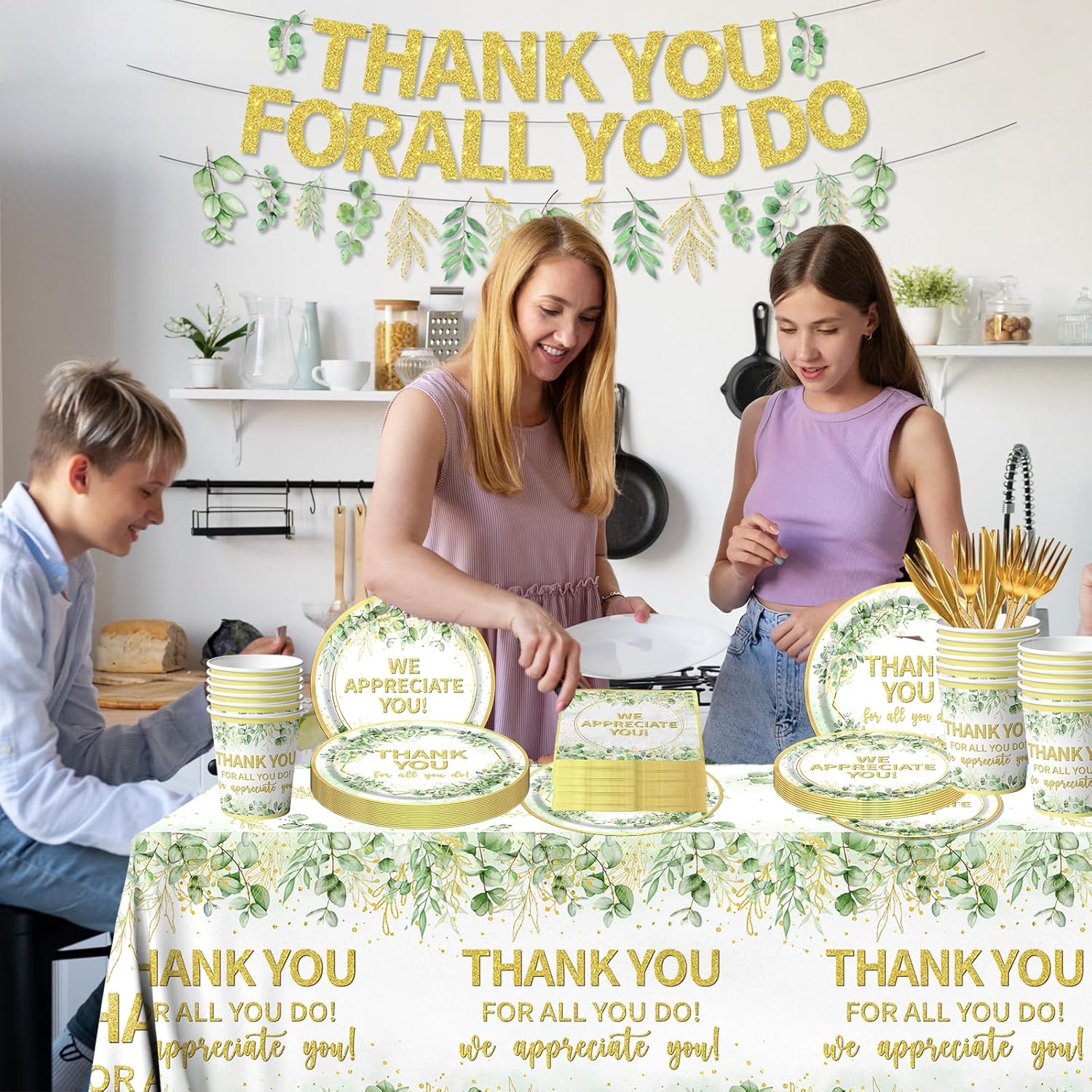 We Appreciate You Decorations - Sage Green Thank You Party Plates,Napkins,Banner Spring Eucalyptus Thank You for All You Do Table Decoration for Employee Teacher Graduation Appreciation Party - Image 2