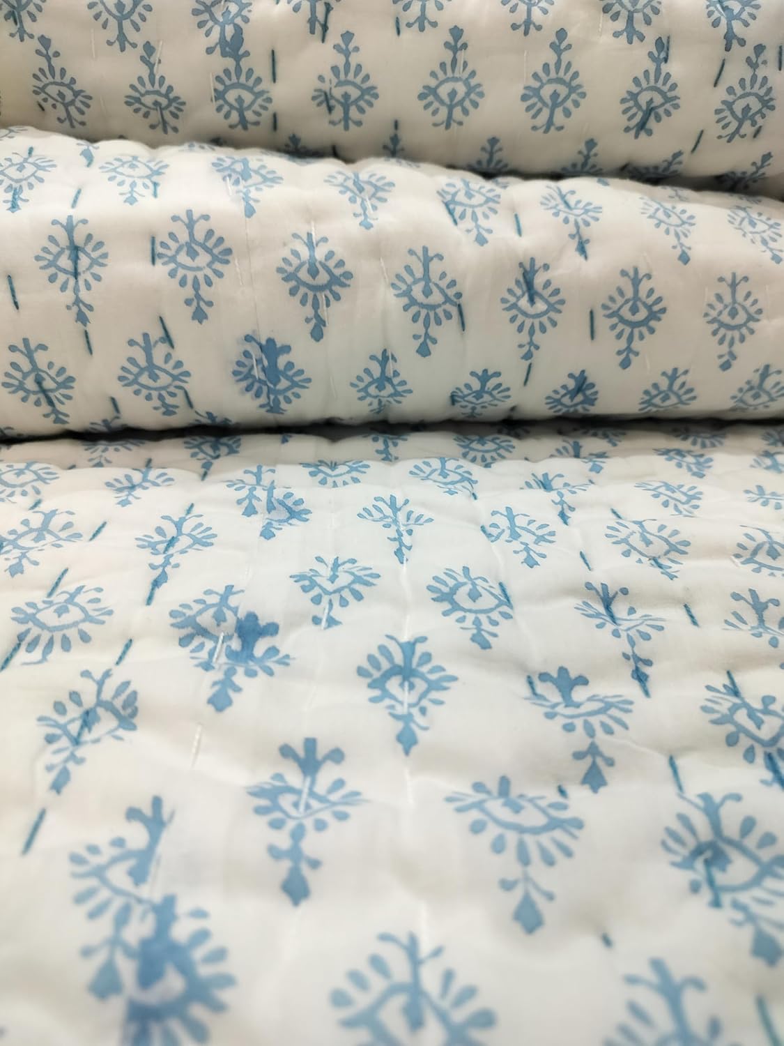 Generic kanthaNtapestryart Jaipuri Hand Block Print Baby Quilt Cotton Kantha Throw Blanket Indian Bedspread Quilt Comforter Jaipuri Razai, Blue