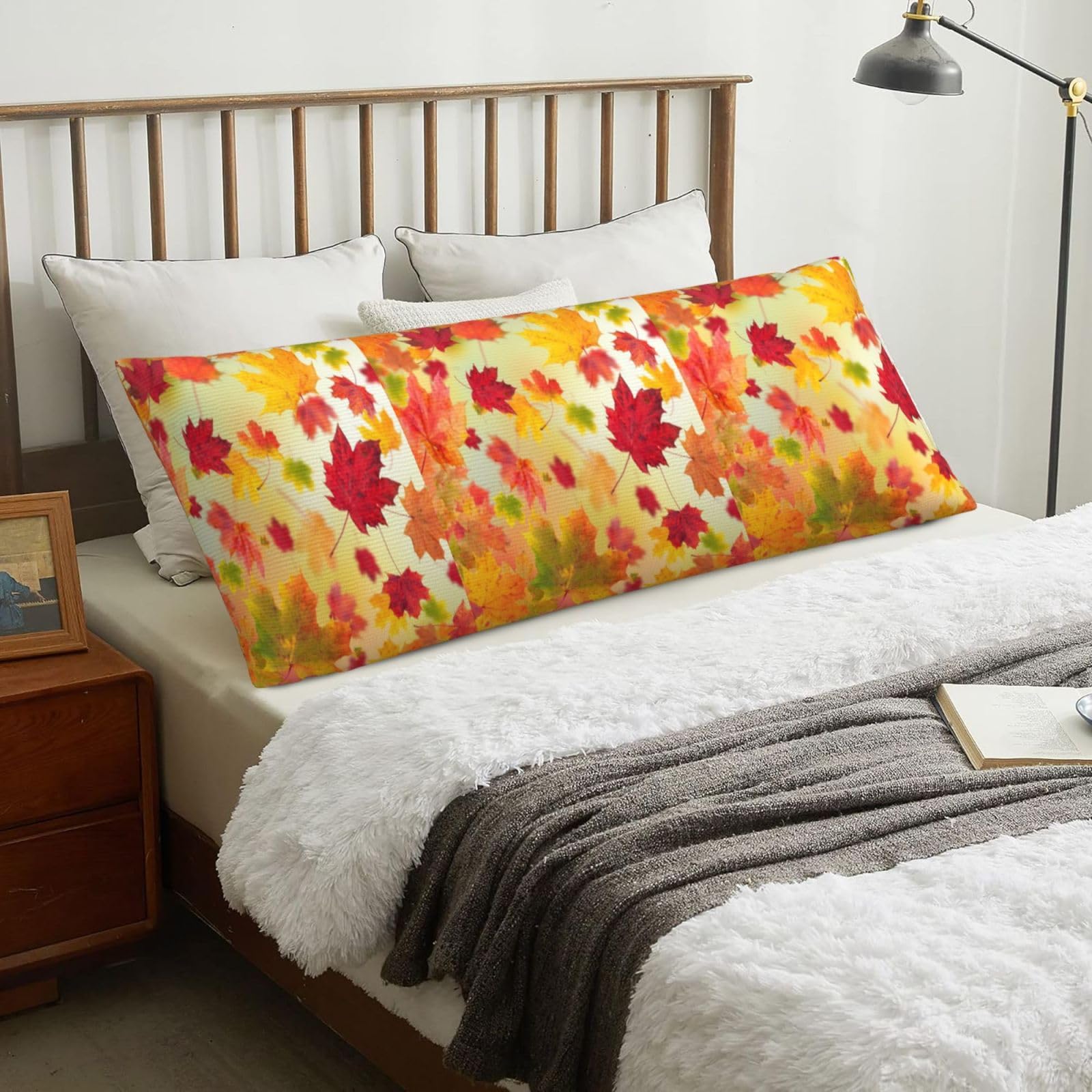 Autumn Maple Leaves Falling Golden Leaf Harvest Orange Red Yellow, Body Pillow Cover with Zipper,Long Body Pillowcase 20 x 60 in
