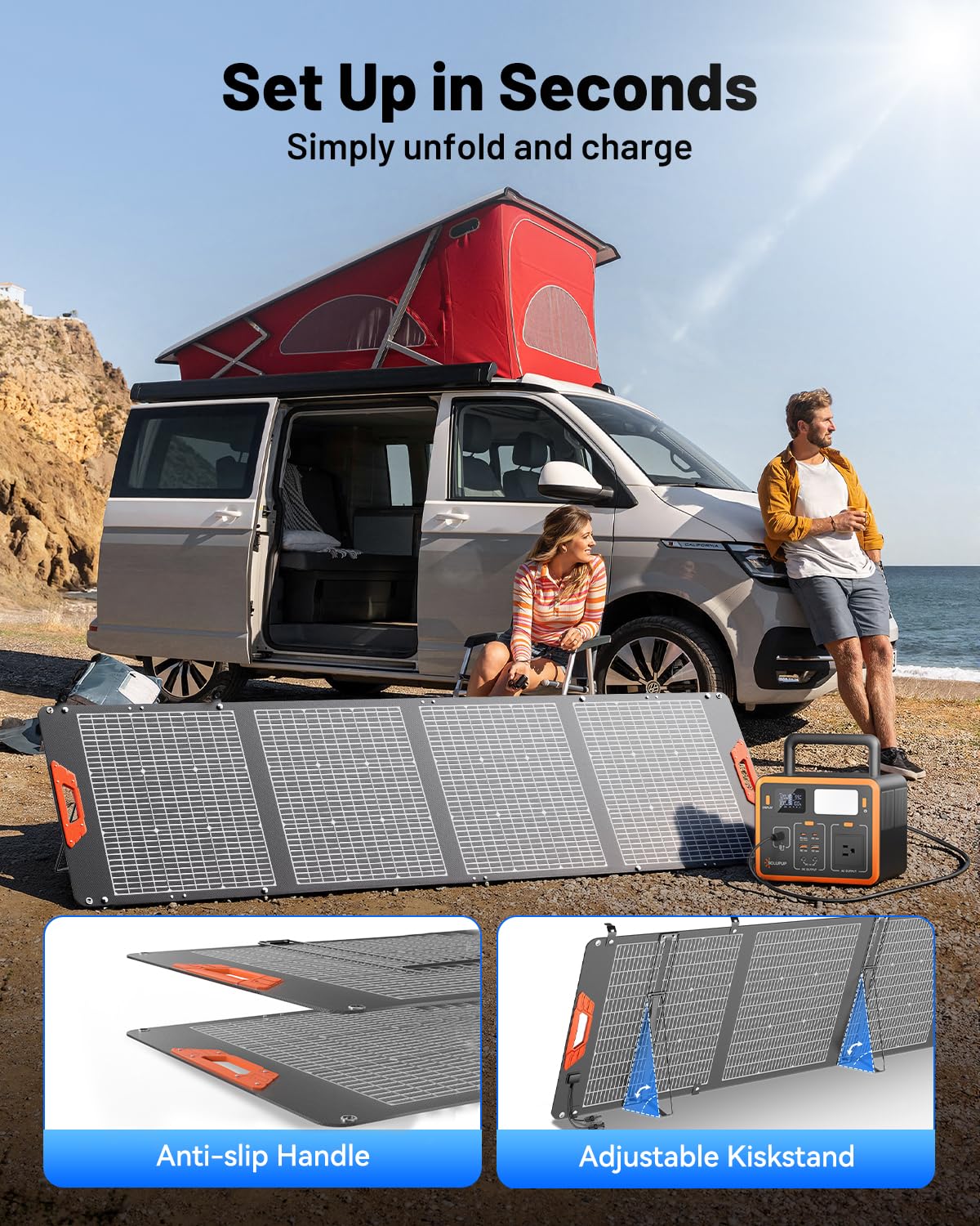 SOLUPUP Pannello solare portatile da 200 W – Pannello solare bifacciale ad alta efficienza del 24% con uscita MC4, caricabatterie solare pieghevole impermeabile IP65 con cavalletto per centrale
