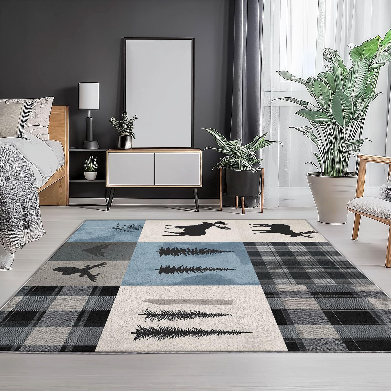 Gris Marron Tapis antidérapant Lavable - 120 x 170 cm - Moderne Simple Patchwork Cerf - Léger et résistant - pour Couloir, entrée, Salon et Zones à Fort trafic
