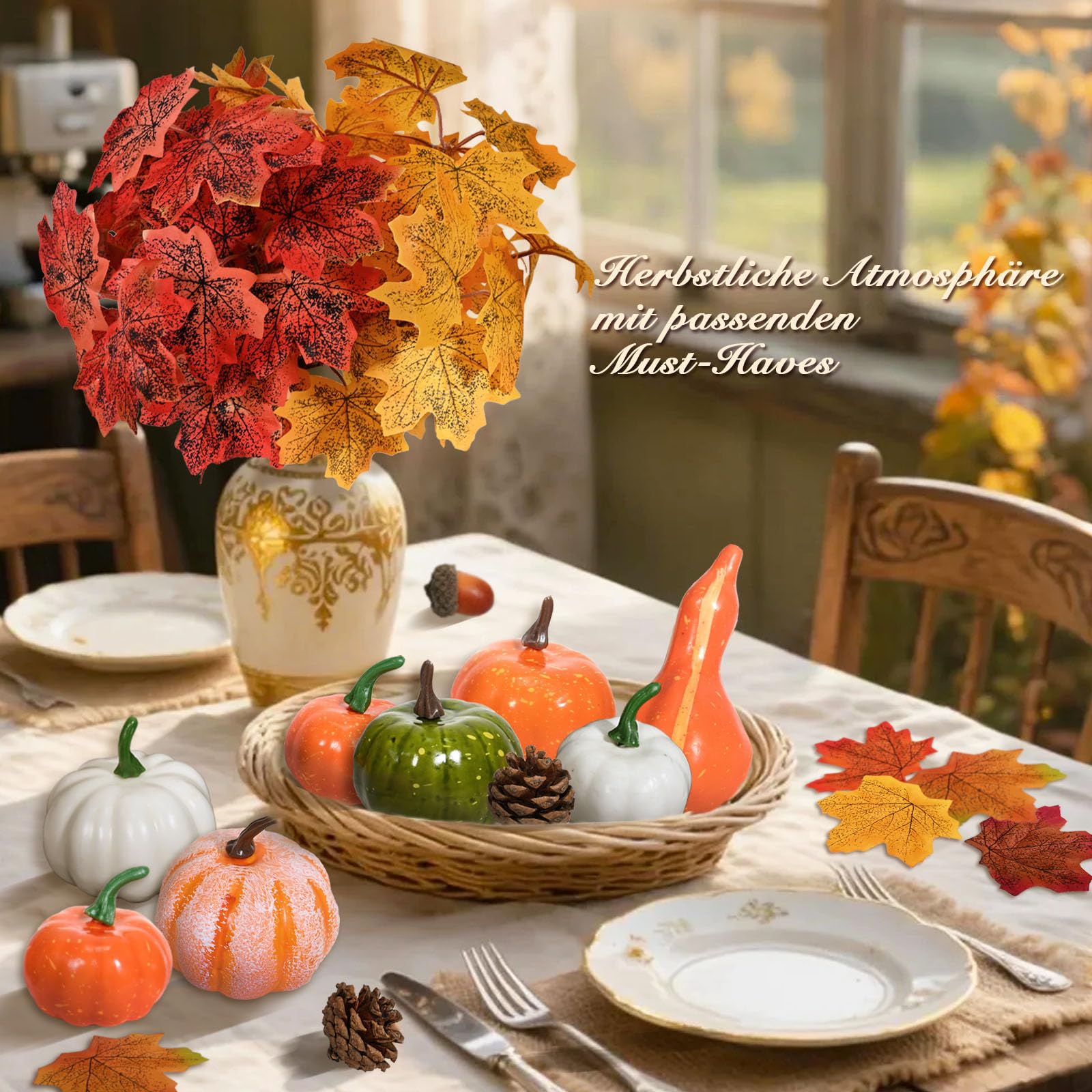 Set Decorazioni Autunnali 22 Pezzi – Zucche Bianche Artificiali, Pigne, Bacche E Foglie D’Acero – Centrotavola Rustico Per Halloween E Ringraziamento