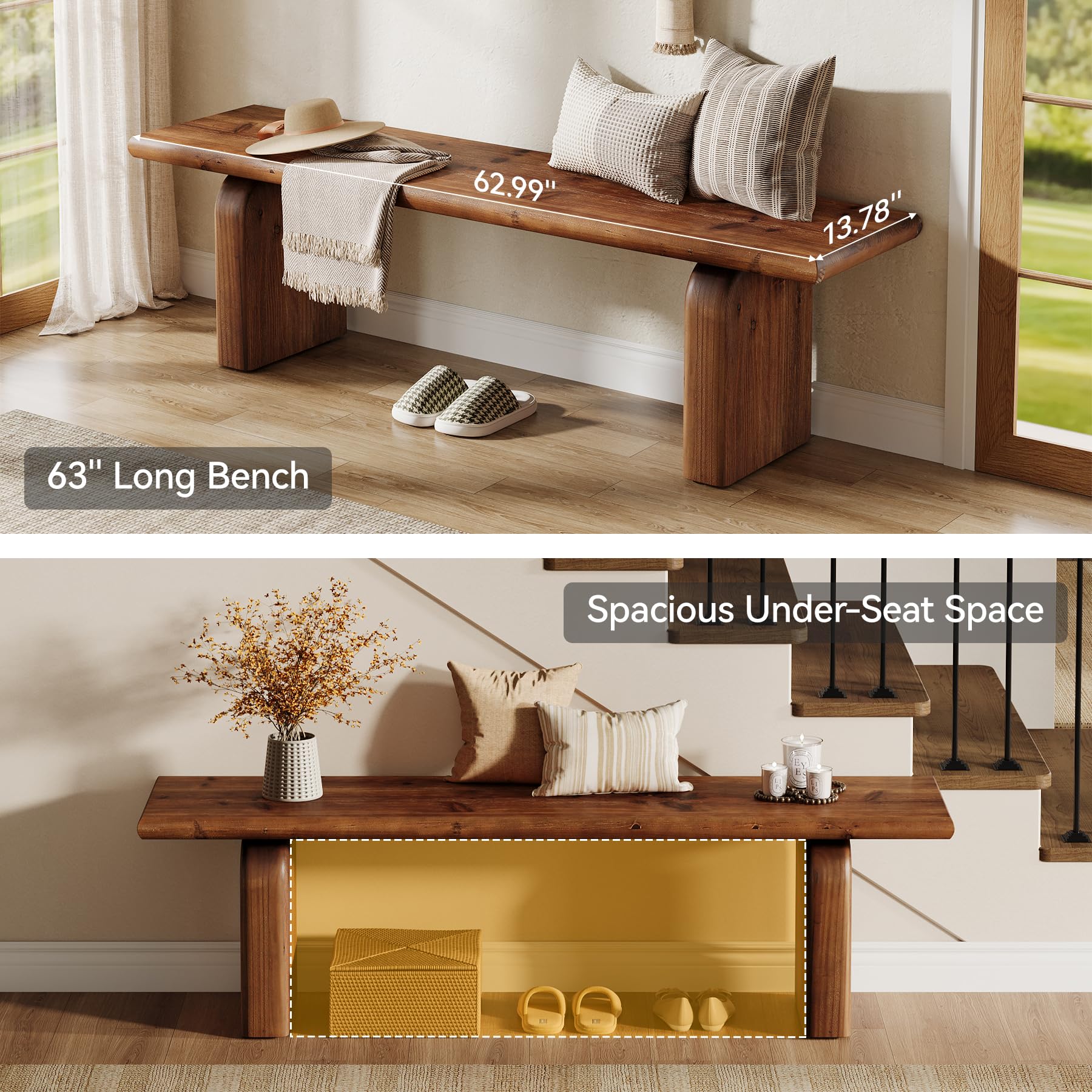 62.99" Solid Wood Entryway Bench, Indoor Wooden End of Bed Bench | Farmhouse Style, Ideal for Entryway, Hallway, Bedroom, Dining Room, Living Room, Easy Assembly, Rustic Brown