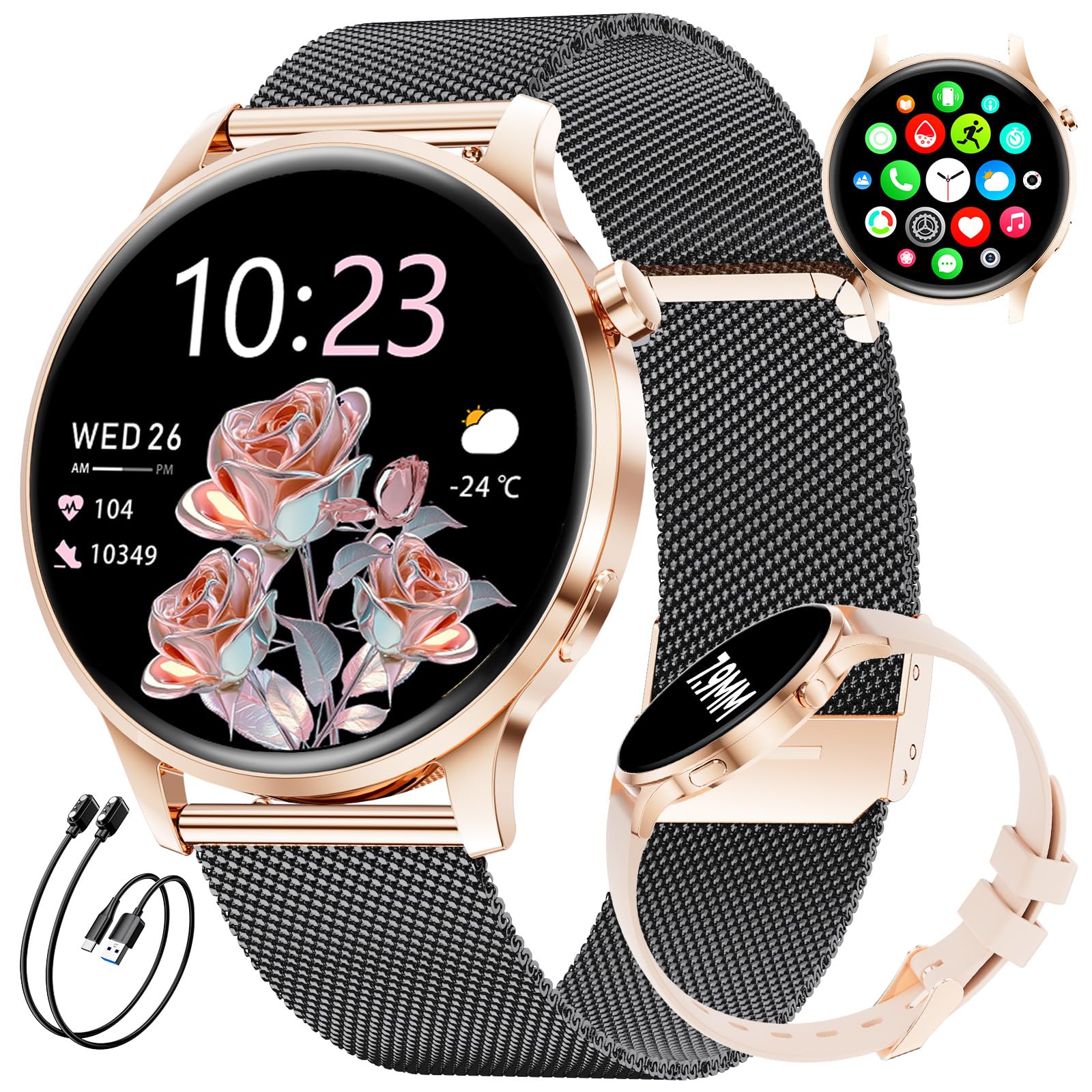 Montre Connectée Femme, Écran AMOLED 1,32" Ultra-fin Elégante Montre Femmes avec 2 Bracelets & 2 Câbles, 116 Modes Sport, Suivi du Cycle/Fréquence Cardiaque/Sommeil pour Android iOS, IP68, FV23-G