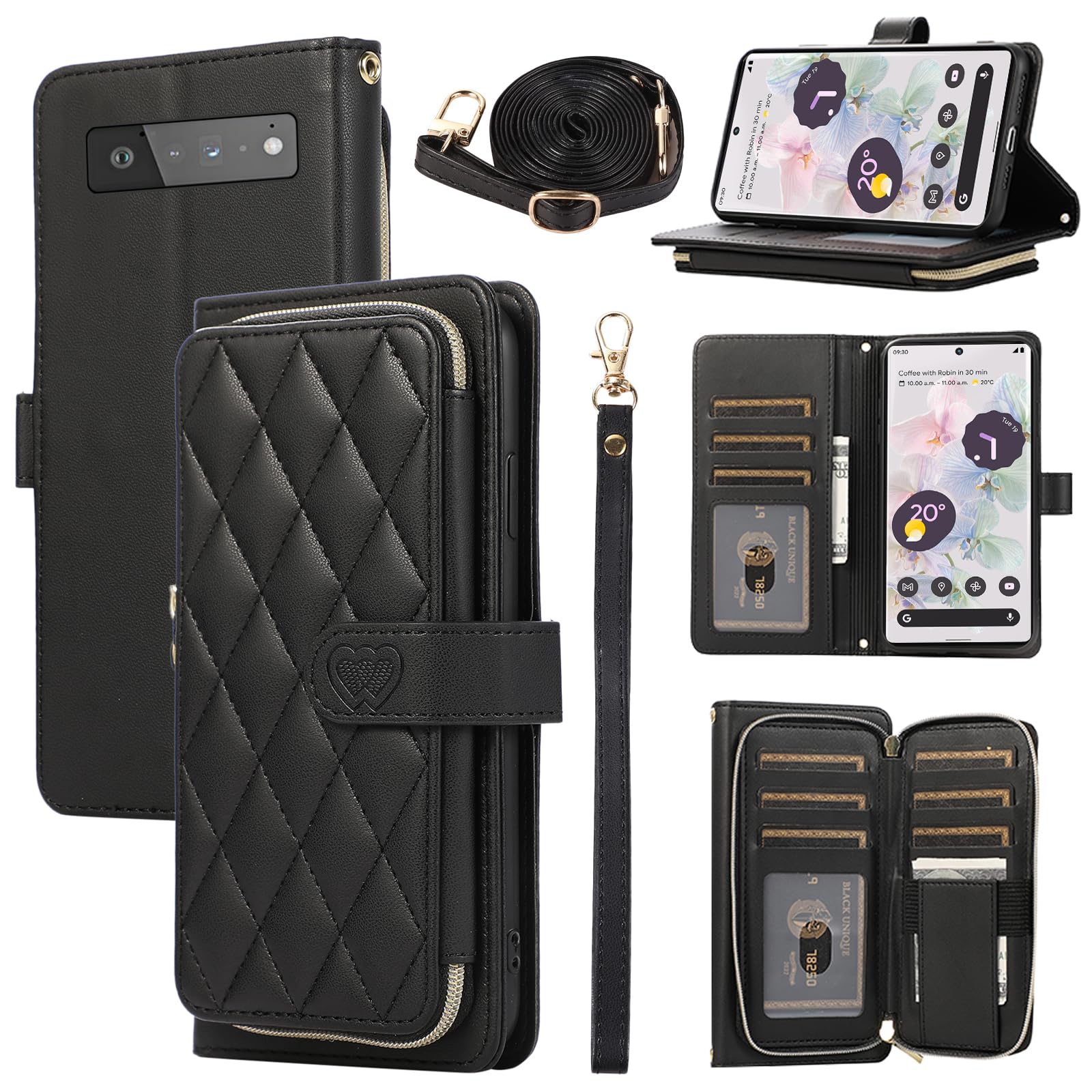 ELISORLI Wallet Case for Google Pixel 6 Pro with Wrist Strap Crossbody Shoulder Strap Luxury PU Leather Stand Cell Phone Cover with 9 Card Slots for Pixel6Pro Pixel6 XL 6XL Pixle 6Pro 5G Women Black
