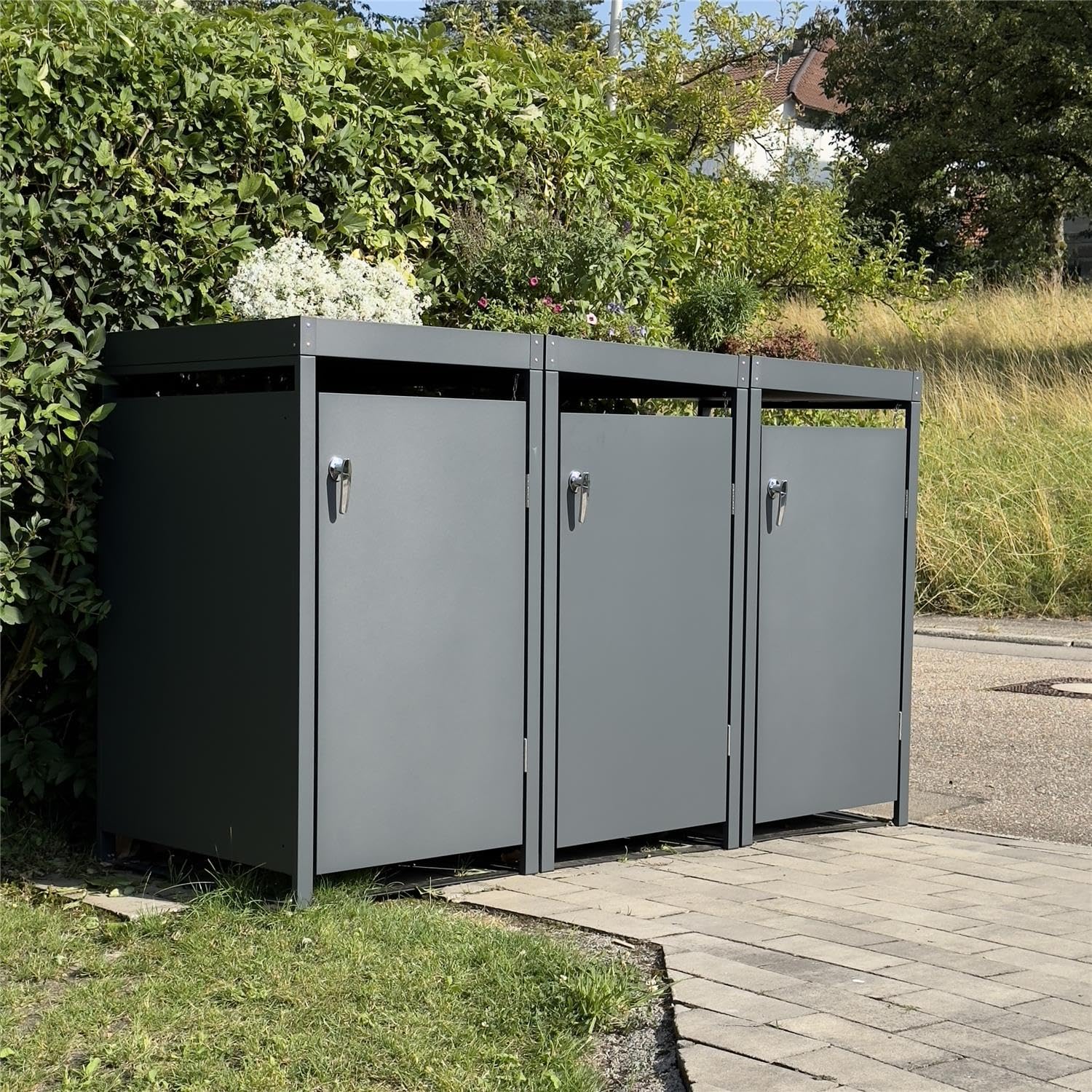 Metzler Mülltonnenbox in Anthrazit mit Pflanzdach 3er 240L, Mülltonnenverkleidung 3 Tonnen, witterungsbeständiger und pulverbeschichteter Stahl mit Automatikdeckel, abschließbar, Garten- und Müllbox