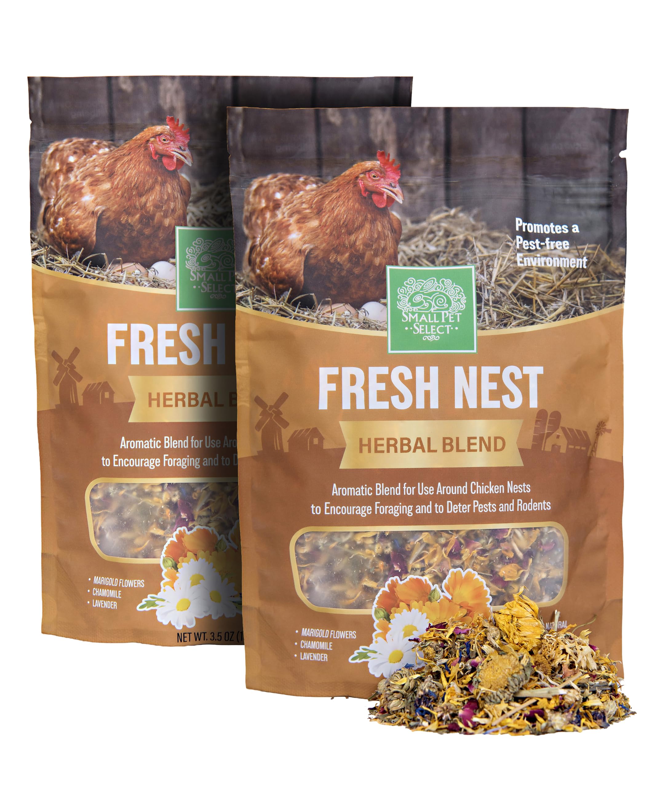 Small Pet Select Fresh Nest Herbal Blend, Natural Aromatic Blend with Marigold, Lavender, Chamomile for Chicken Coops, Nesting Boxes, Resealable Pouch 100 g (Pack of 2)