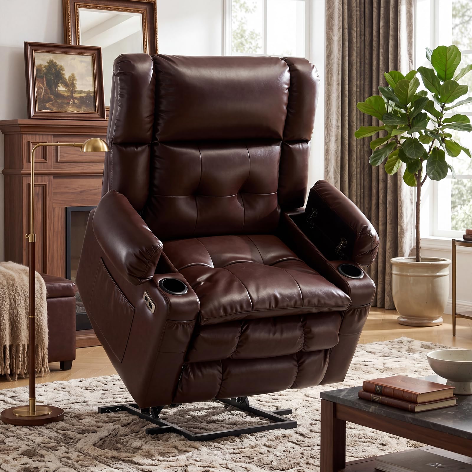 Oversized Lift Chair for Elderly with Massage and Heat, Dual Motor Power Lift Recliner Chair with Arm Storage, Lay Flat Lift Recliner for Lving Room, Big Tall, Infinite Position, Brown