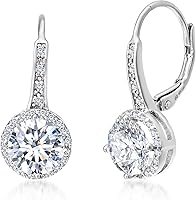 MiaSarine 925 Sterling Silver CZ Halo Leverback Dangle Earrings - Bridal Wedding Drop Earrings for Women