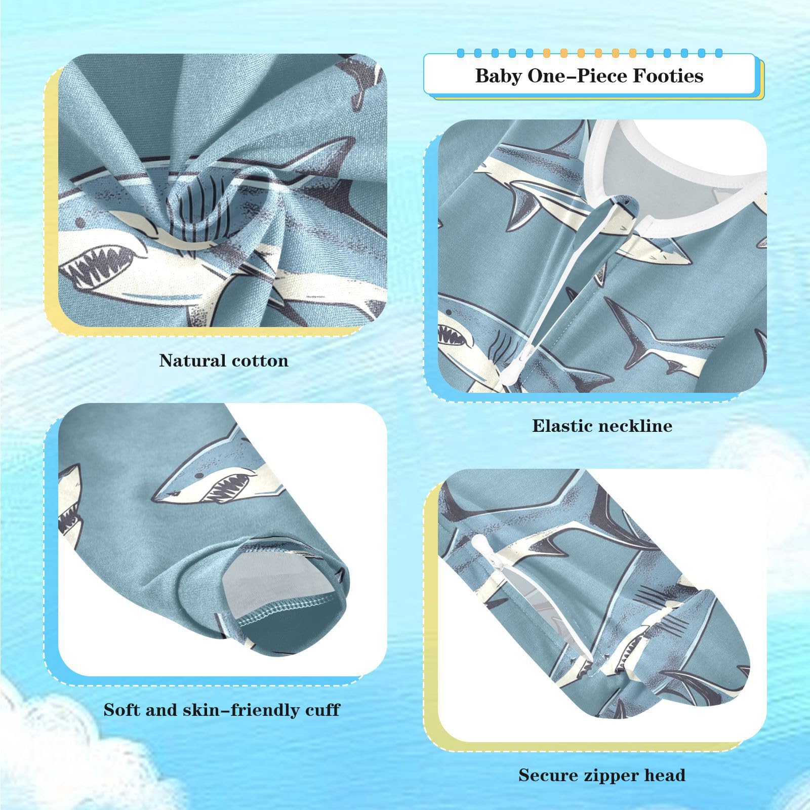 Wusikd Sharks One-Piece Footies Cartoon Bodysuit Rompers Zipper for Boys Girls 3M