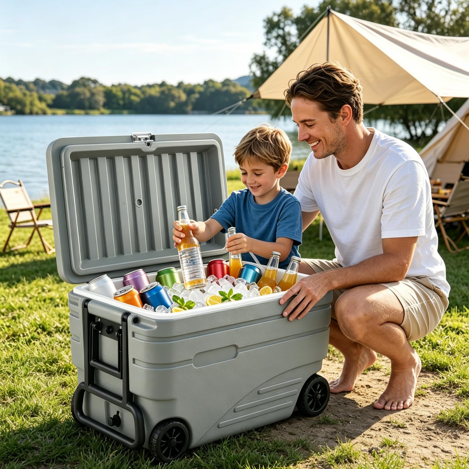 LIFEZEAL Nevera Portátil 80L/98L con Ruedas y Mango Telescópico | Hielera Rígida con Asas Laterales, 48h de Retención de Frío, para Playa Camping Pesca Picnic Barbacoa, Gris