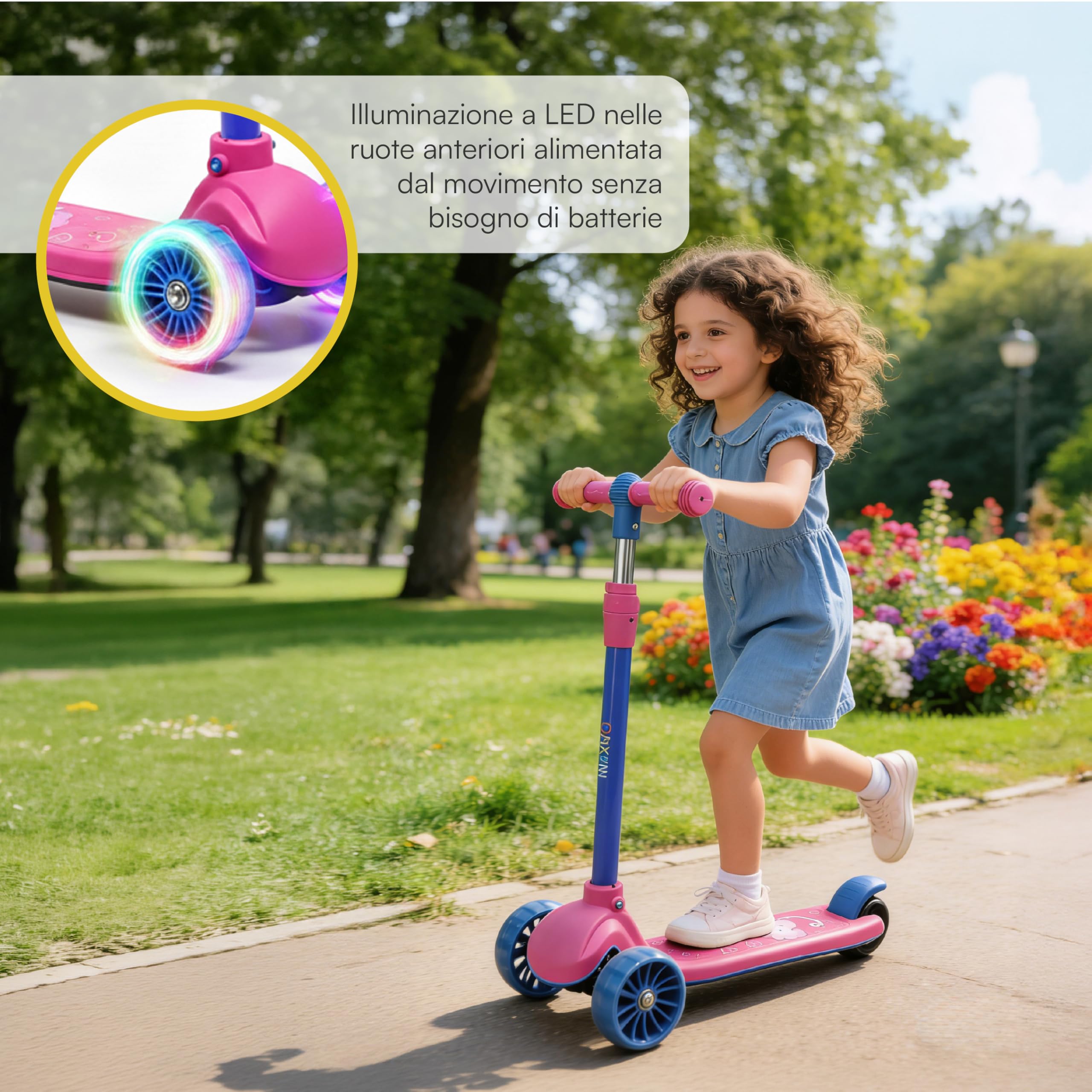 Baroni Toys Monopattino 3 Ruote per Bambini dai 3 Anni, Ruote LED Luminose Senza Batterie, Manubrio Regolabile in 3 Altezze, Freno Posteriore, Design Ergonomico e Stabile, 52x25x81cm
