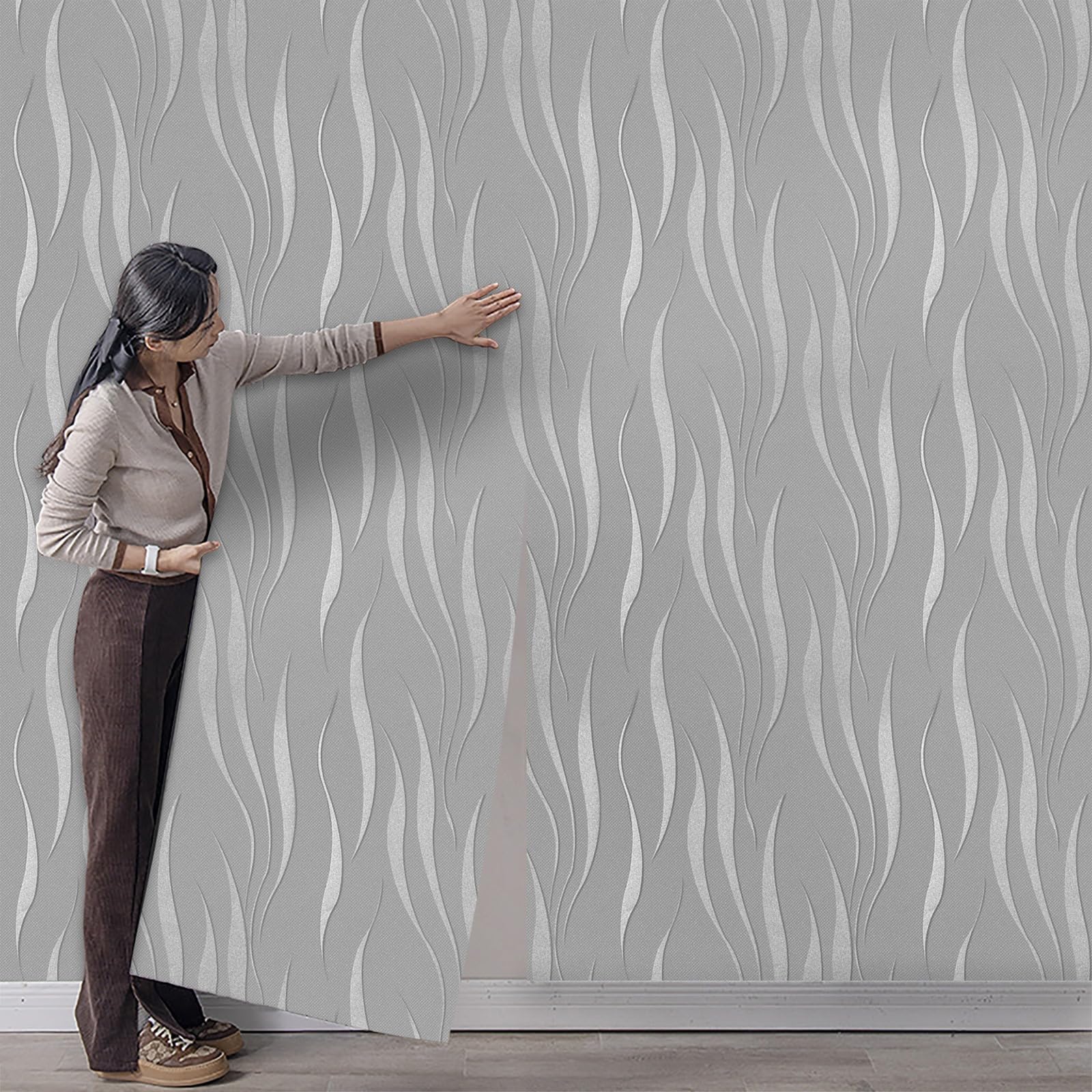 Takezuaa Grey 3D Embossed Wallpaper Non-Woven Wave Stripes Roll Silver Glitter Textured Wall Paper for Livingroom Bedroom Hallway Kitchen Front Room