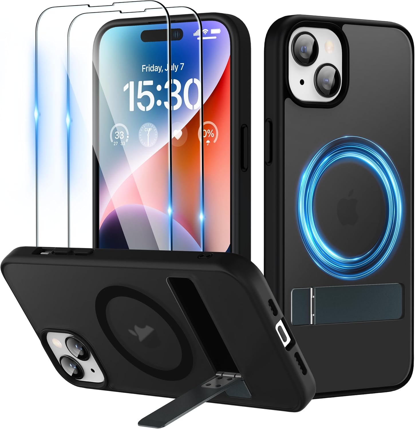 Magnetic Case for iPhone 15 Case with Stand, Slim Kickstand with Screen Protector Compatible with Magsafe Shockproof Translucent Matte Cases Phone Case Cover 6.1-Inch (2023), Black
