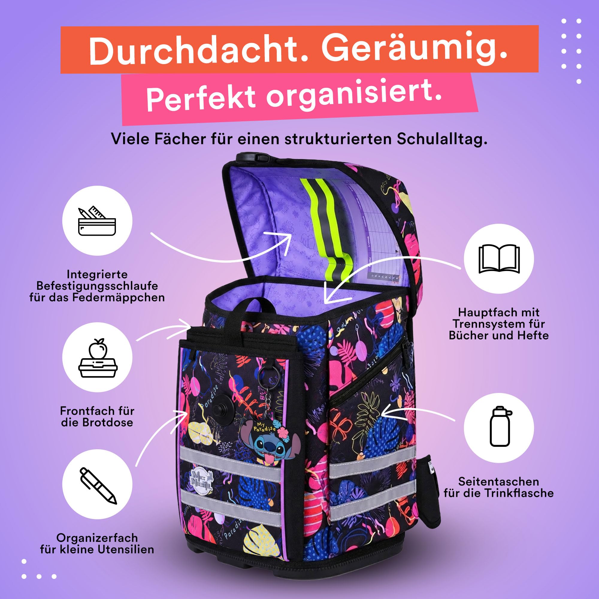 McNeill Stitch III Perfecto SchulranzenSet 5-teilig – Ergonomischer Schulranzen mit gefülltem Federmäppchen, Sportbeutel & mehr im Disney Stitch Design – Reflektierend, mit Brustgurt, für Grundschule