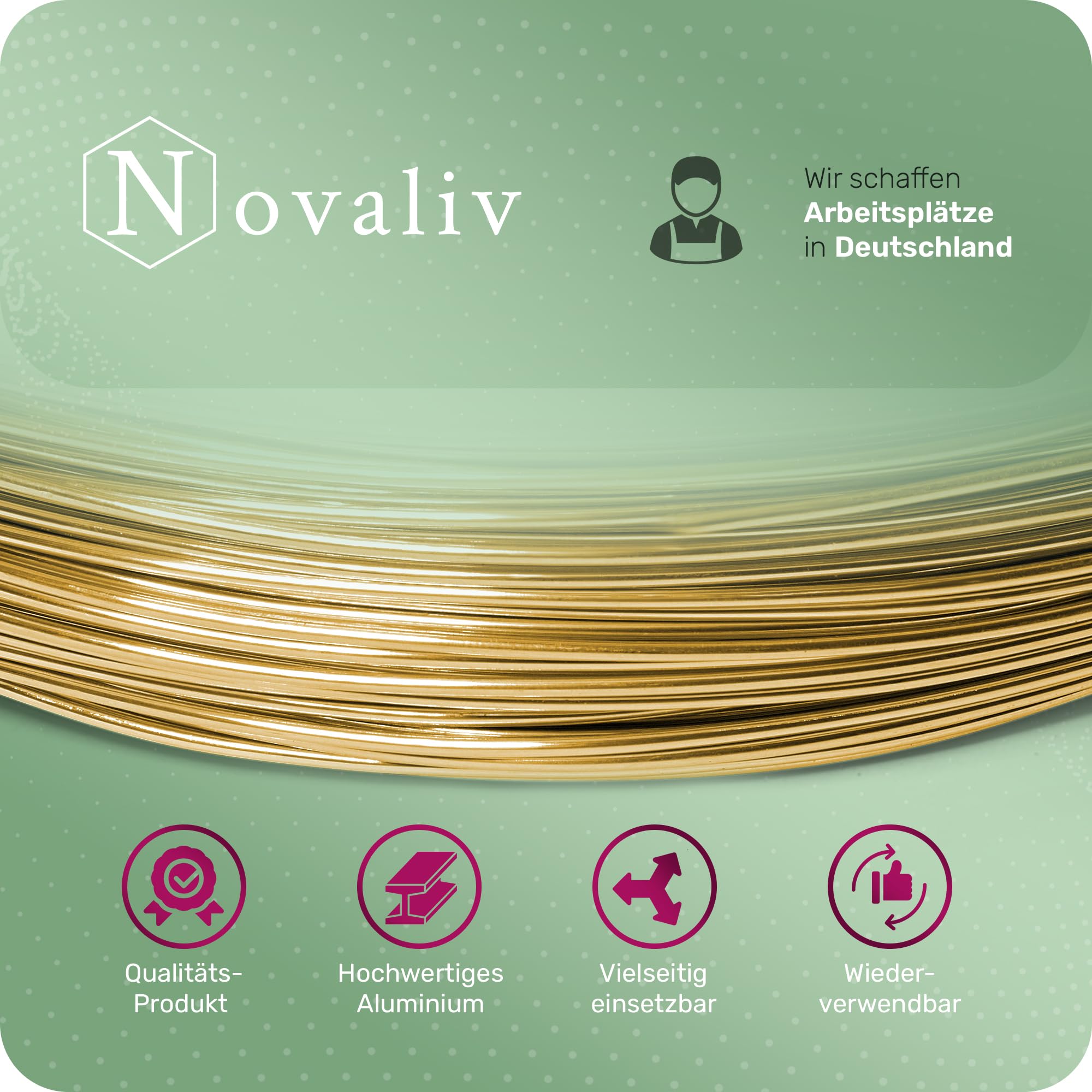 Novaliv Rouleau de fil d'aluminium de 300 m - 2 mm - Doré - Idéal comme fil flexible pour travaux manuels, projets de bricolage et décorations - Rouleau de 60 m de fil décoratif - Fil à fleurs - Pas